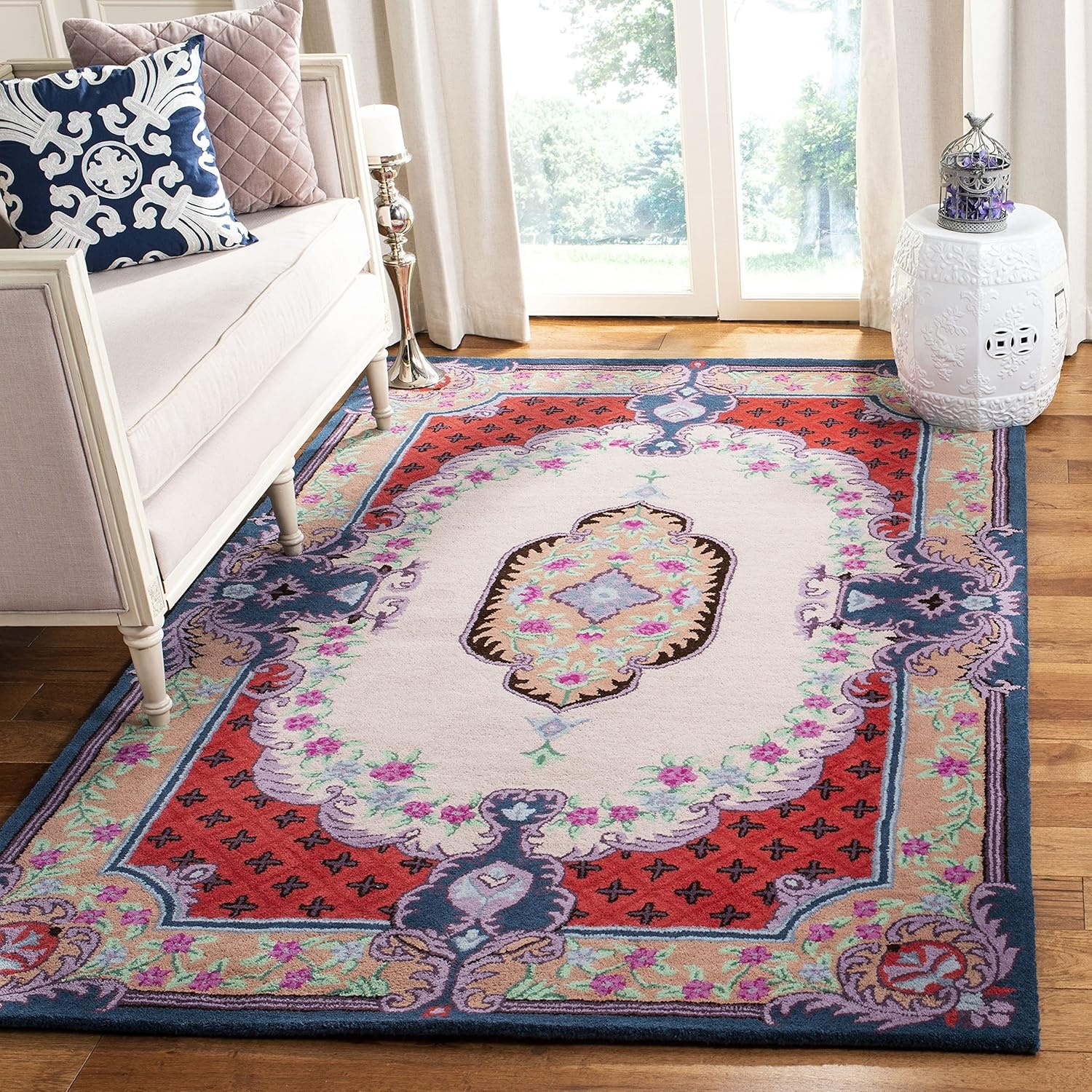 image:imageSAFAVIEH Area Rug 8x10 Bellagio Collection Large Blue amp Pink Handmade Wool Medallion Design Ideal for Living Room Bedroom Office Dining Space BLG535MIvoryPink