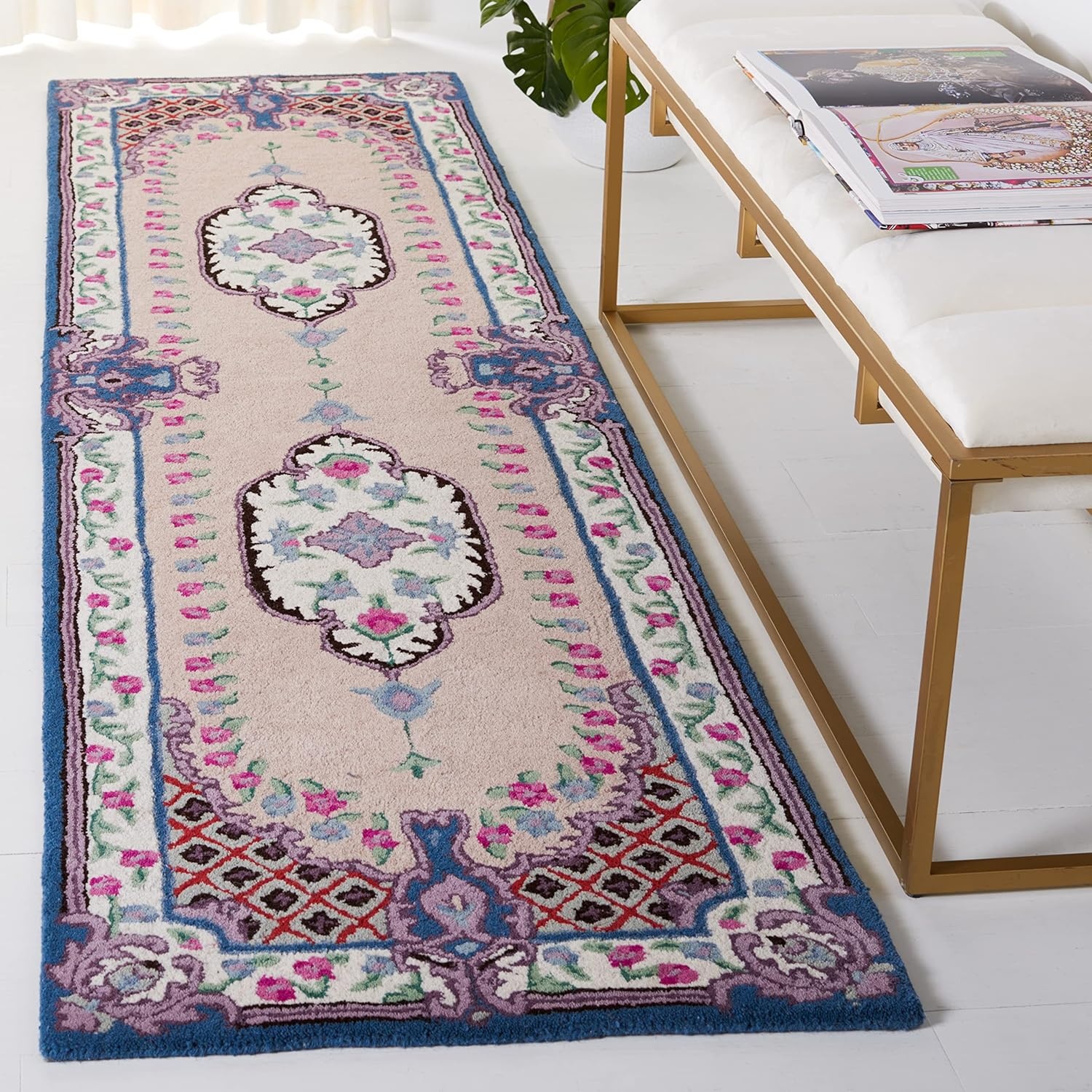 image:imageSAFAVIEH Area Rug 8x10 Bellagio Collection Large Blue amp Pink Handmade Wool Medallion Design Ideal for Living Room Bedroom Office Dining Space BLG535MPinkIvory