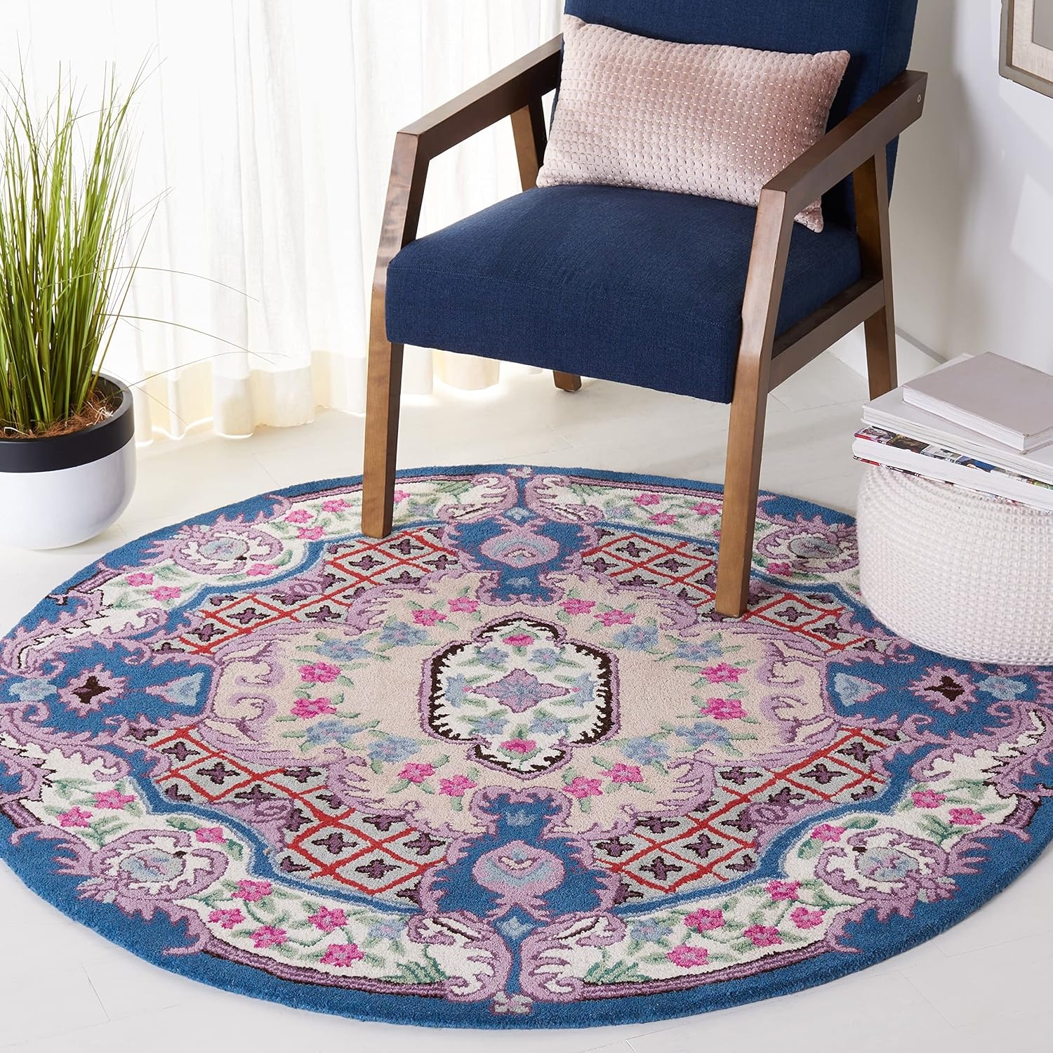 image:imageSAFAVIEH Area Rug 8x10 Bellagio Collection Large Blue amp Pink Handmade Wool Medallion Design Ideal for Living Room Bedroom Office Dining Space BLG535MPinkIvory