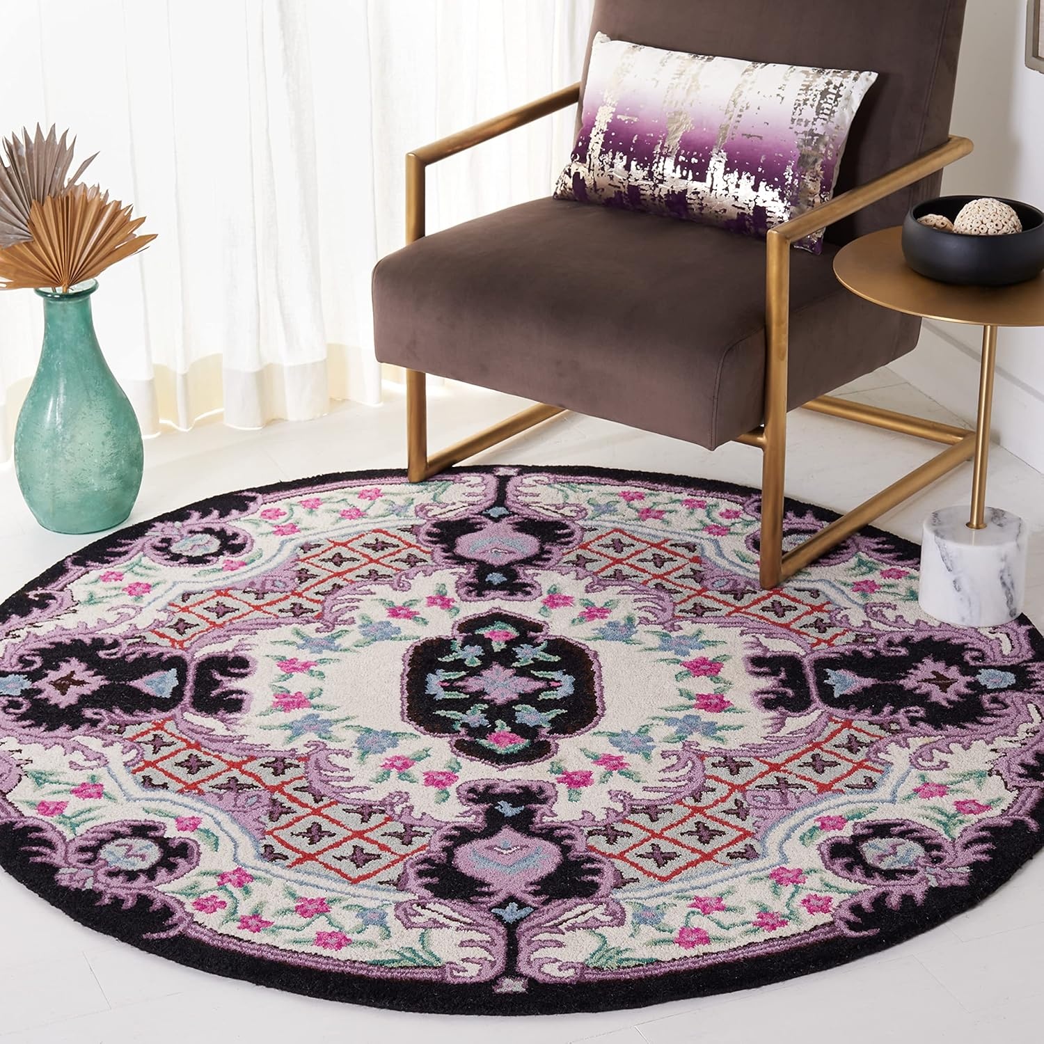 image:imageSAFAVIEH Area Rug 8x10 Bellagio Collection Large Blue amp Pink Handmade Wool Medallion Design Ideal for Living Room Bedroom Office Dining Space BLG535MIvoryBlack