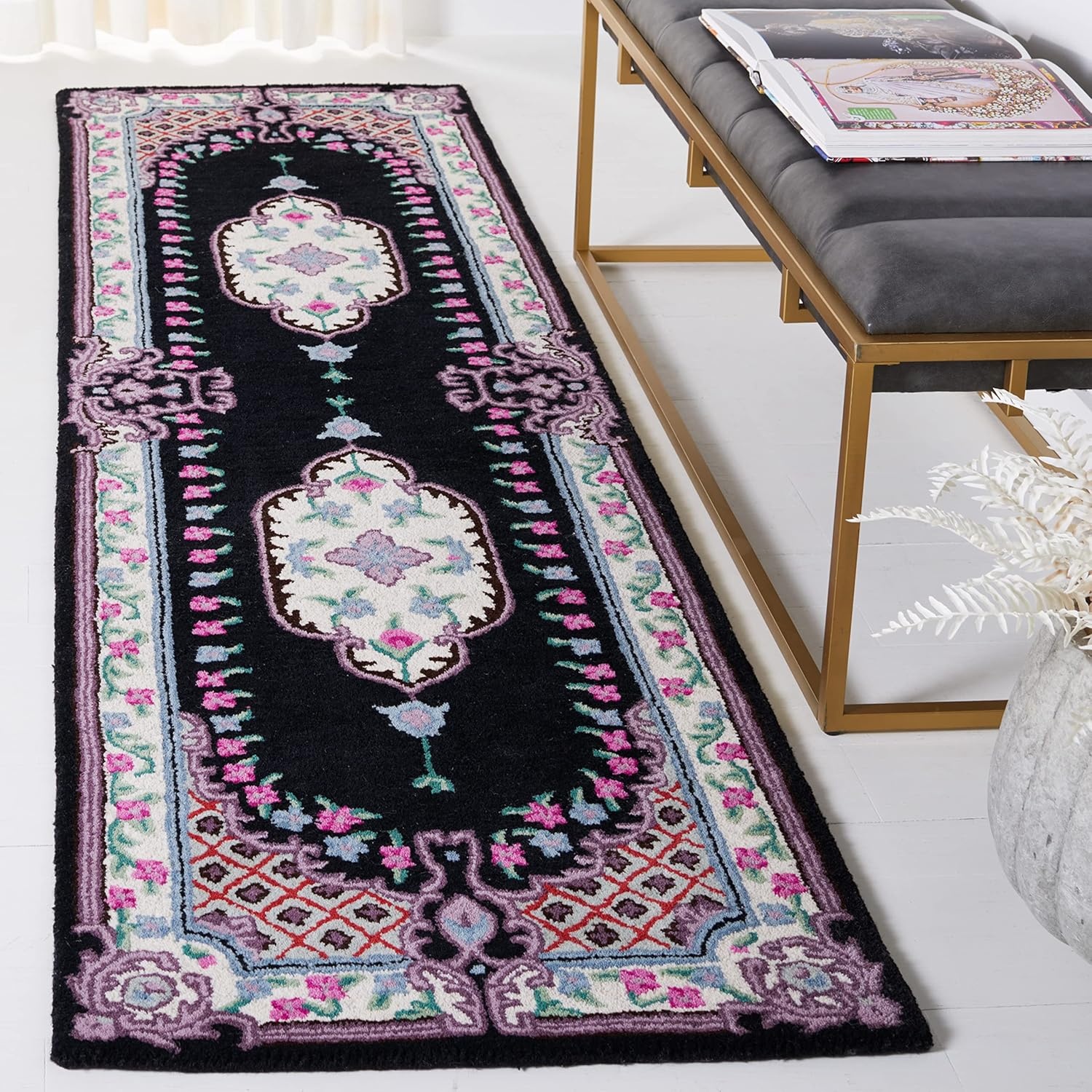 image:imageSAFAVIEH Area Rug 8x10 Bellagio Collection Large Blue amp Pink Handmade Wool Medallion Design Ideal for Living Room Bedroom Office Dining Space BLG535MBlackIvory