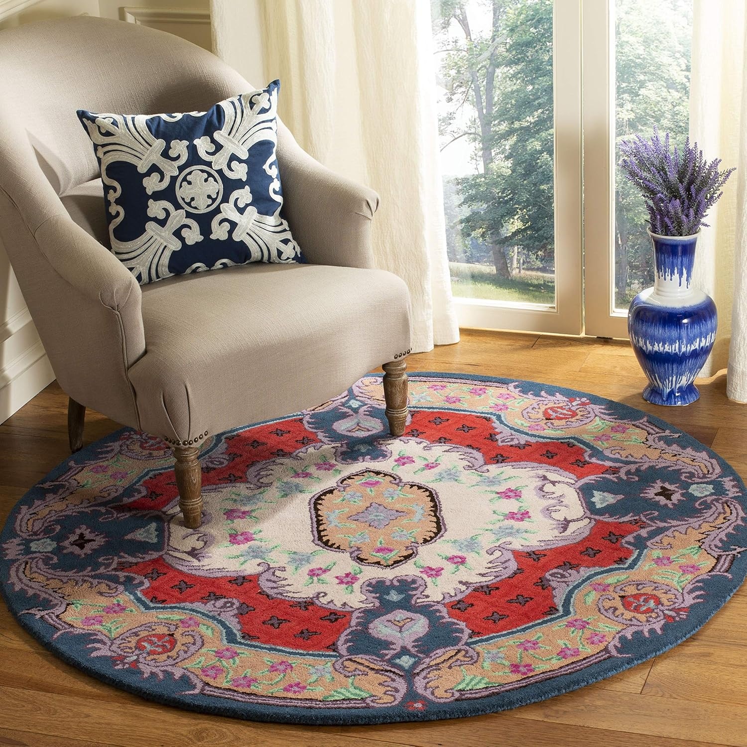 image:imageSAFAVIEH Area Rug 8x10 Bellagio Collection Large Blue amp Pink Handmade Wool Medallion Design Ideal for Living Room Bedroom Office Dining Space BLG535MIvoryPink