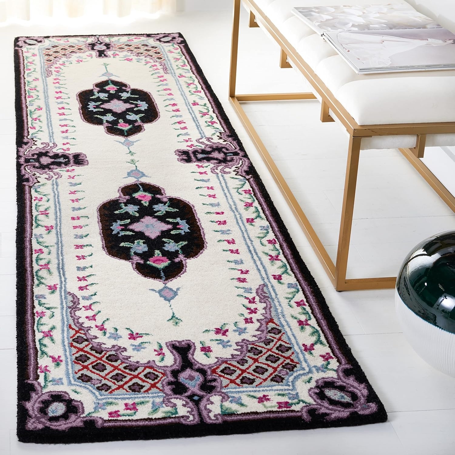 image:imageSAFAVIEH Area Rug 8x10 Bellagio Collection Large Blue amp Pink Handmade Wool Medallion Design Ideal for Living Room Bedroom Office Dining Space BLG535MIvoryBlack