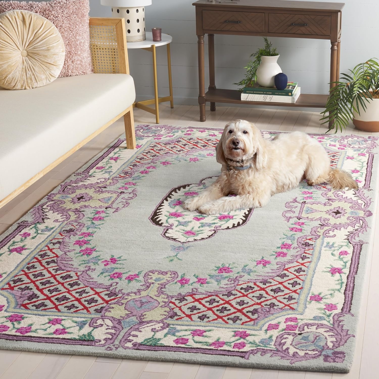 image:imageSAFAVIEH Area Rug 8x10 Bellagio Collection Large Blue amp Pink Handmade Wool Medallion Design Ideal for Living Room Bedroom Office Dining Space BLG535MLight GreenIvory
