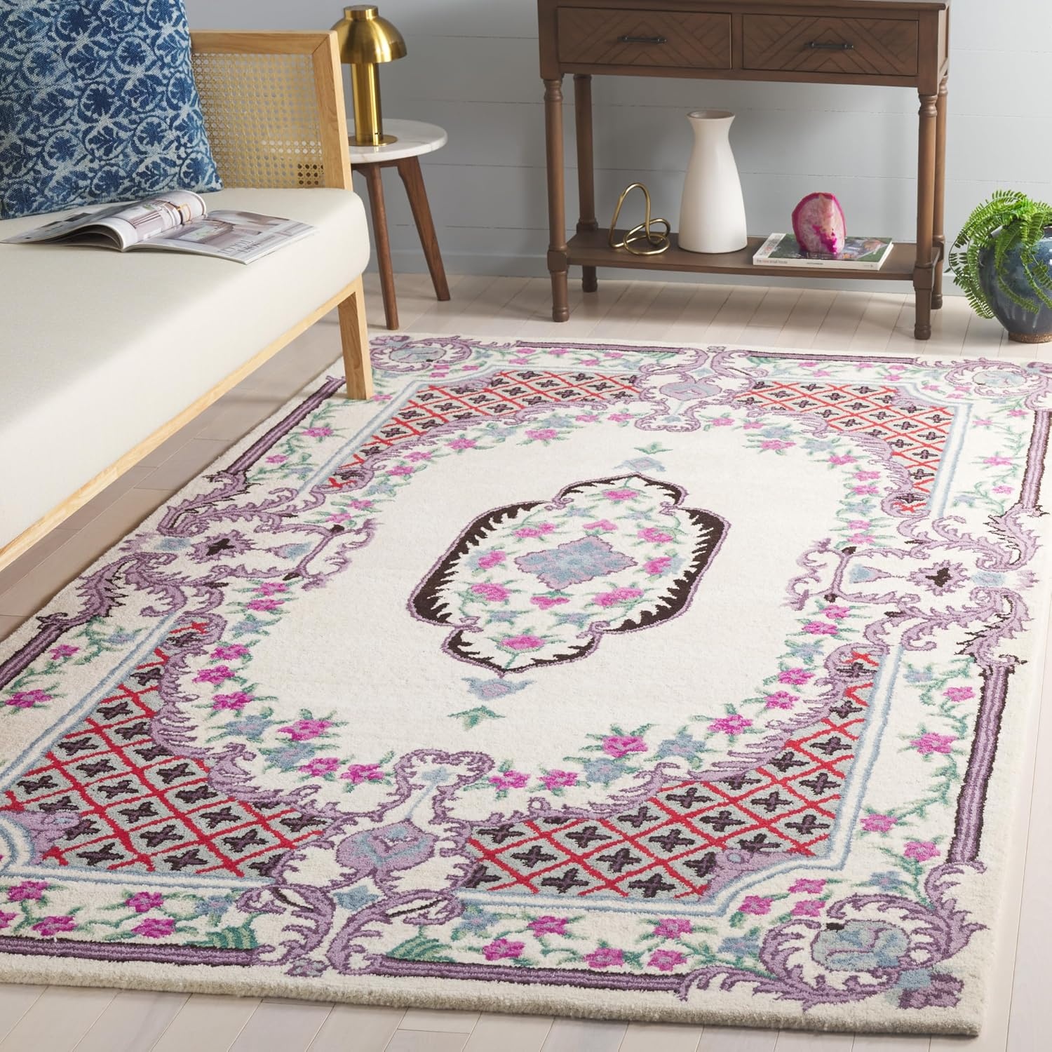 image:imageSAFAVIEH Area Rug 8x10 Bellagio Collection Large Blue amp Pink Handmade Wool Medallion Design Ideal for Living Room Bedroom Office Dining Space BLG535MIvory