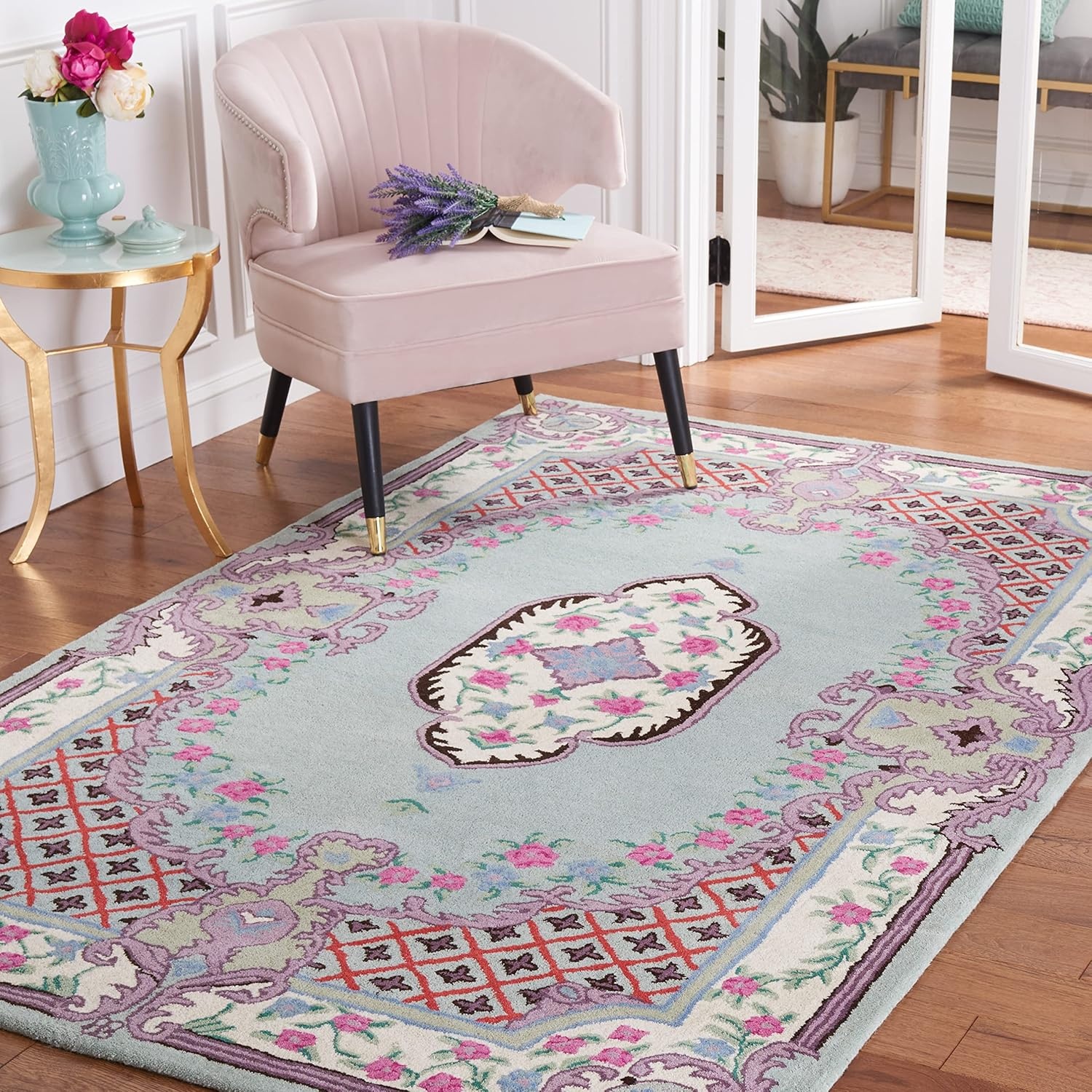 image:imageSAFAVIEH Area Rug 8x10 Bellagio Collection Large Blue amp Pink Handmade Wool Medallion Design Ideal for Living Room Bedroom Office Dining Space BLG535MLight GreenIvory