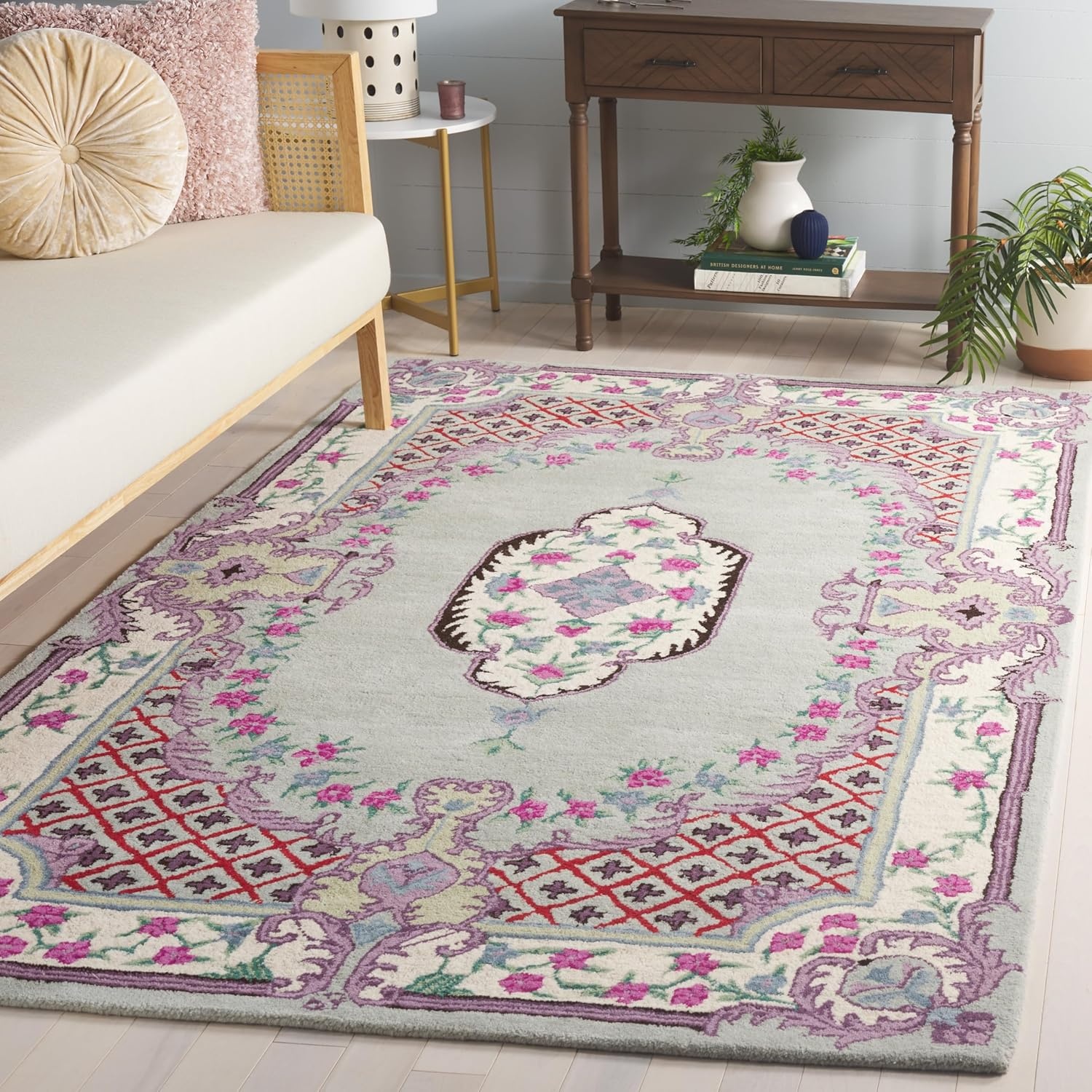 image:imageSAFAVIEH Area Rug 8x10 Bellagio Collection Large Blue amp Pink Handmade Wool Medallion Design Ideal for Living Room Bedroom Office Dining Space BLG535MLight GreenIvory