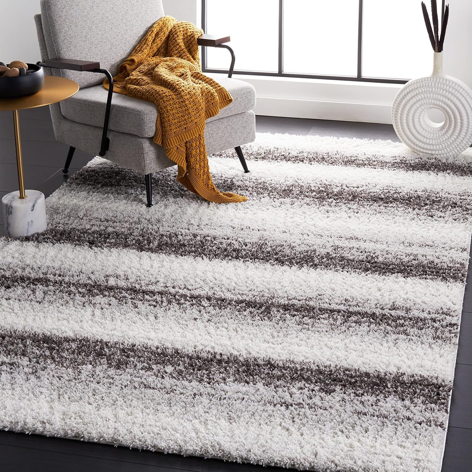 image:imageSAFAVIEH Area Rug 8x10 Berber Shag Collection Large Light Grey amp Grey Modern Stripe Design NonShedding amp Easy Cleaning Plush Thick Pile Ideal for Living Room Bedroom Dining BER561FLight GreyGrey