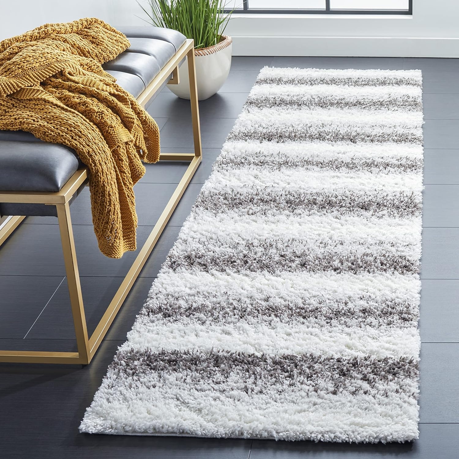 image:imageSAFAVIEH Area Rug 8x10 Berber Shag Collection Large Light Grey amp Grey Modern Stripe Design NonShedding amp Easy Cleaning Plush Thick Pile Ideal for Living Room Bedroom Dining BER561FLight GreyGrey