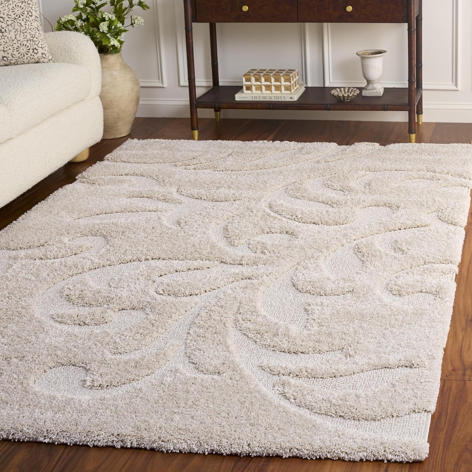 image:imageSAFAVIEH Area Rug 8x10 Florida Shag Collection Large Cream amp Blue Scroll Design NonShedding amp Easy Cleaning Plush Thick Pile Ideal for Living Room Bedroom Dining Space SG4681165Creme