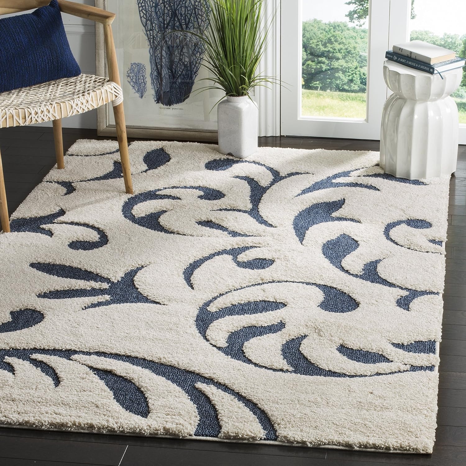 image:imageSAFAVIEH Area Rug 8x10 Florida Shag Collection Large Cream amp Blue Scroll Design NonShedding amp Easy Cleaning Plush Thick Pile Ideal for Living Room Bedroom Dining Space SG4681165CreamBlue