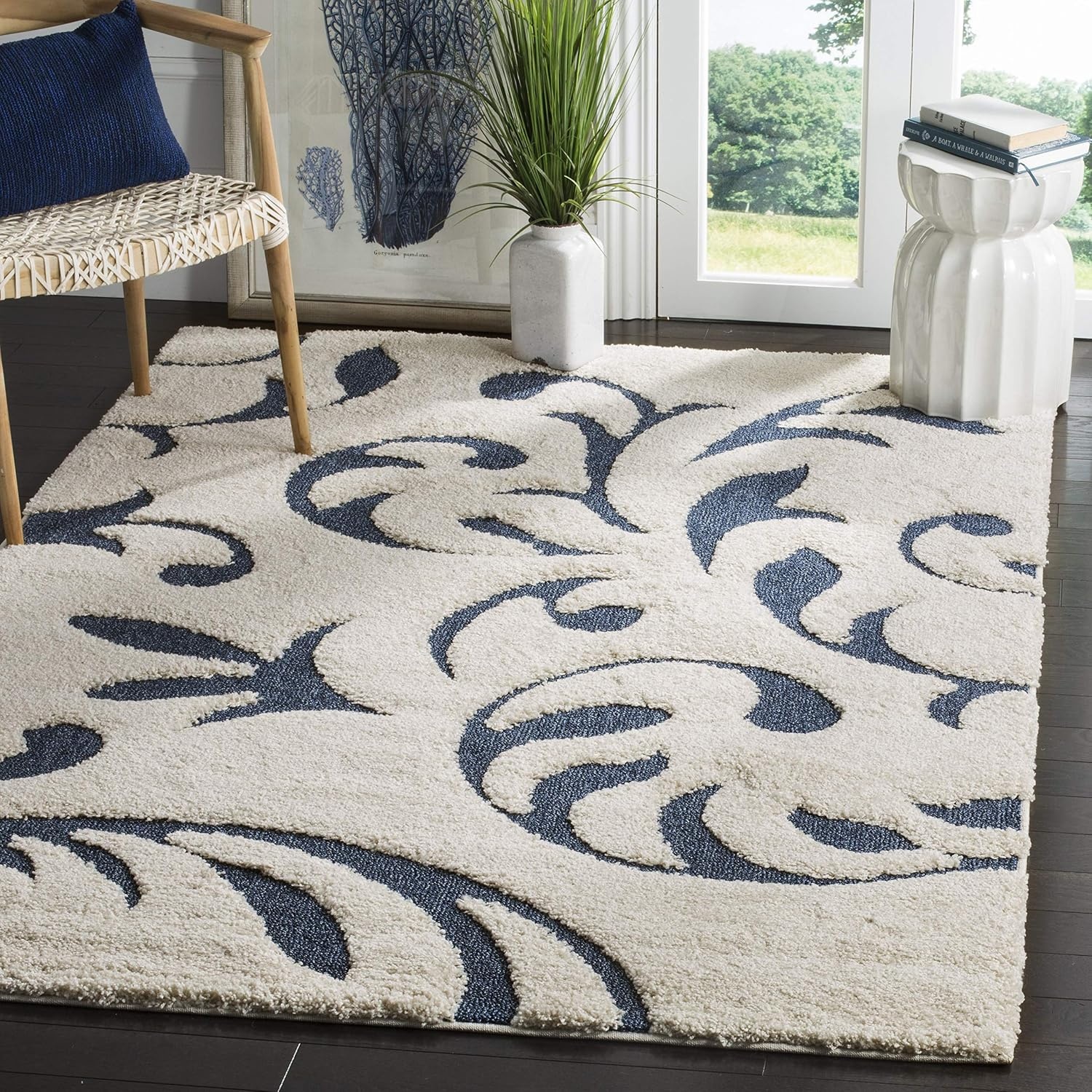 image:imageSAFAVIEH Area Rug 8x10 Florida Shag Collection Large Cream amp Blue Scroll Design NonShedding amp Easy Cleaning Plush Thick Pile Ideal for Living Room Bedroom Dining Space SG4681165CreamBlue