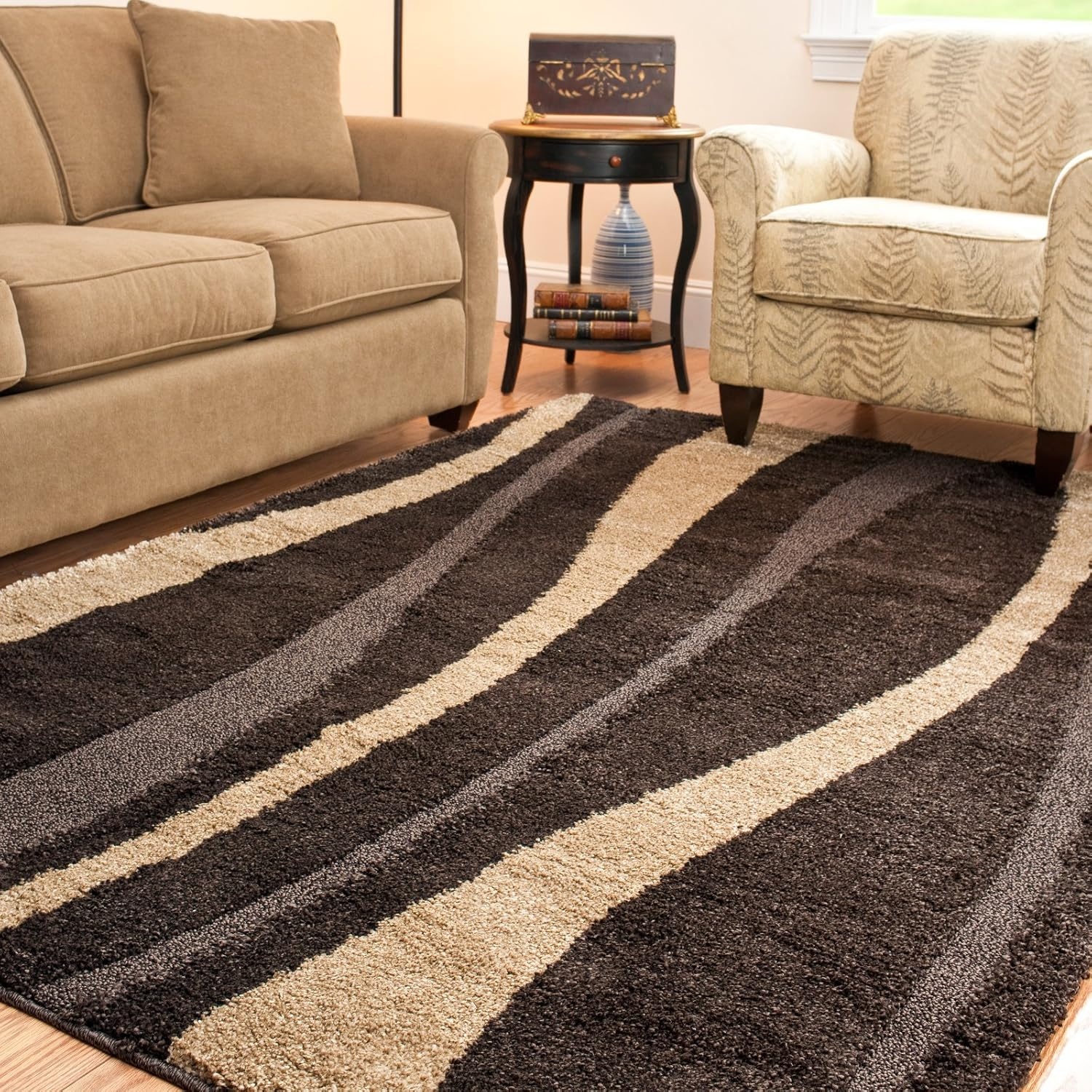 image:imageSAFAVIEH Area Rug 8x10 Florida Shag Collection Large Cream amp Dark Brown Stripe Design NonShedding amp Easy Cleaning Plush Thick Pile Ideal for Living Room Bedroom Dining Space SG4511128