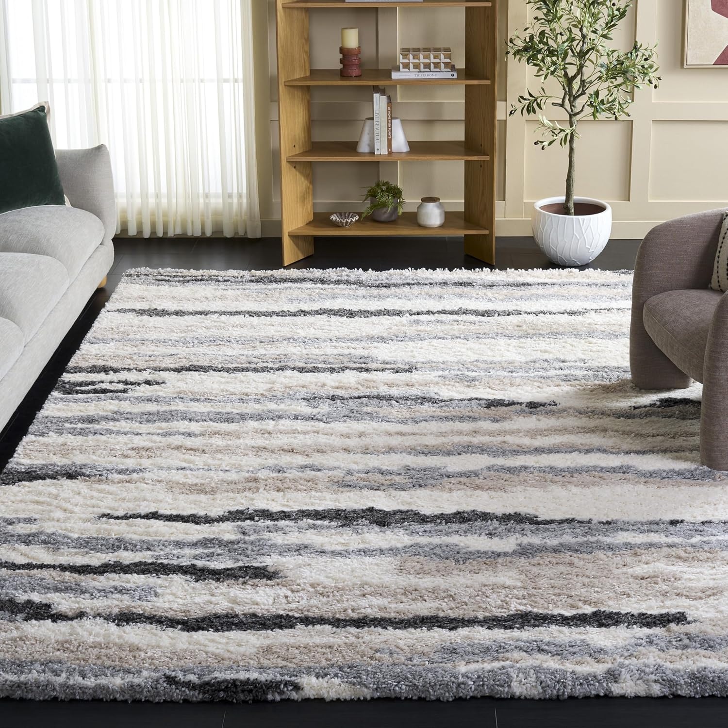 image:imageSAFAVIEH Area Rug 8x10 Fontana Shag Collection Large Ivory amp Grey Modern Design NonShedding amp Easy Cleaning Ultra Plush Thick Pile Ideal for Living Room Bedroom Dining Space FNT833AIvoryGrey