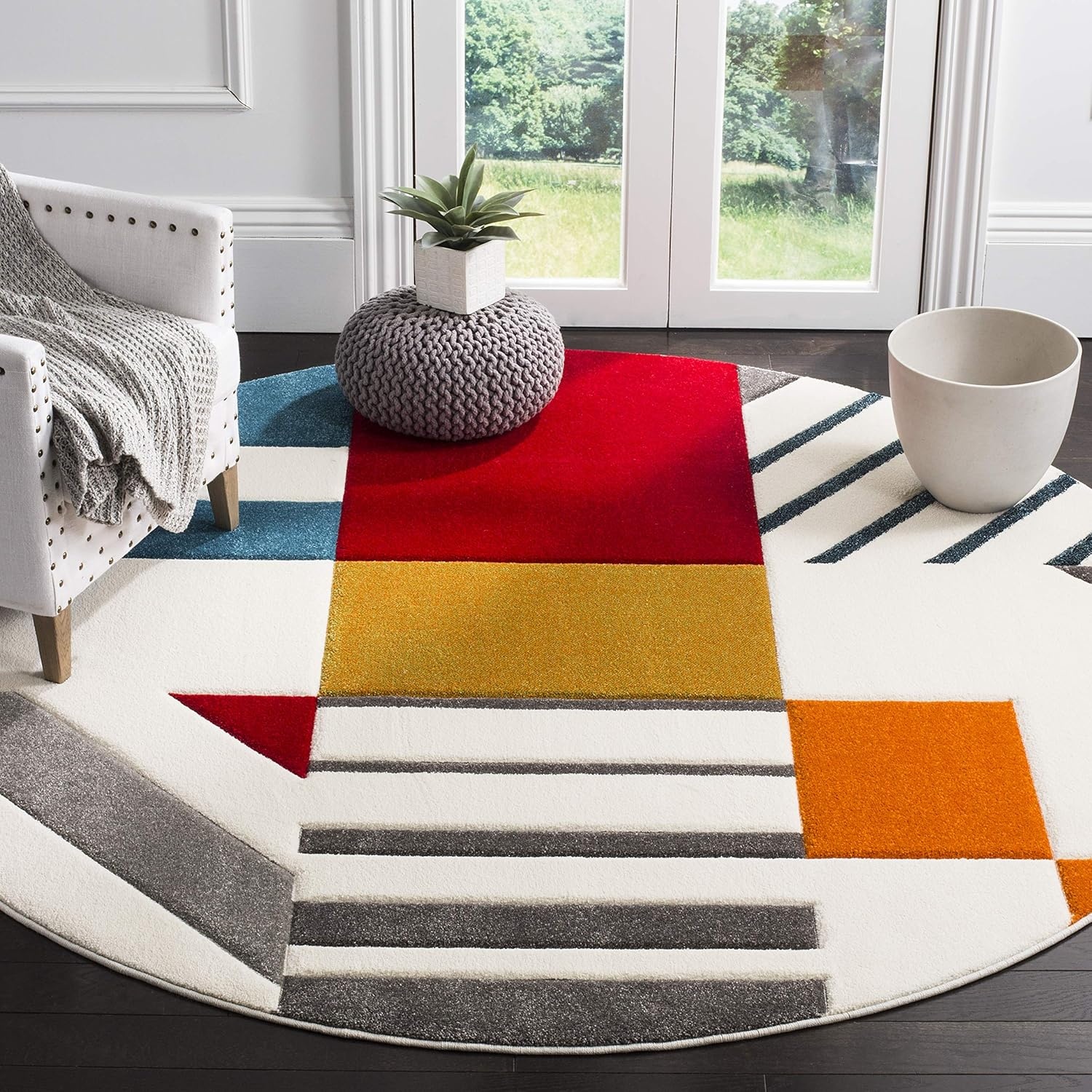 image:imageSAFAVIEH Area Rug 8x10 Hollywood Collection Large Ivory amp Peacock Blue MidCentury Modern Design NonShedding amp Easy Cleaning Ideal for Living Room Bedroom Office Dining Space HLW709BIvoryPeacock Blue