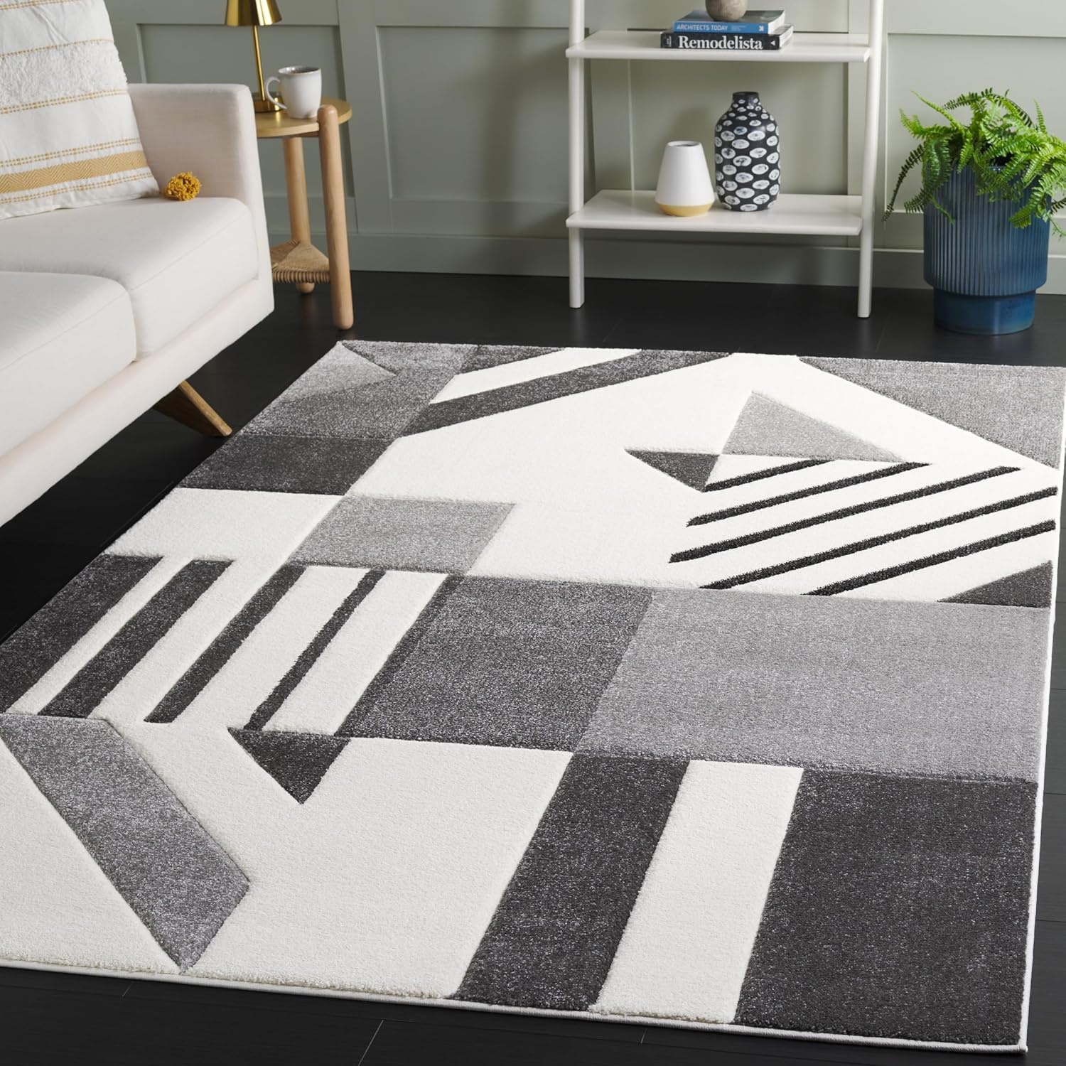 image:imageSAFAVIEH Area Rug 8x10 Hollywood Collection Large Ivory amp Peacock Blue MidCentury Modern Design NonShedding amp Easy Cleaning Ideal for Living Room Bedroom Office Dining Space HLW709BIvoryGrey