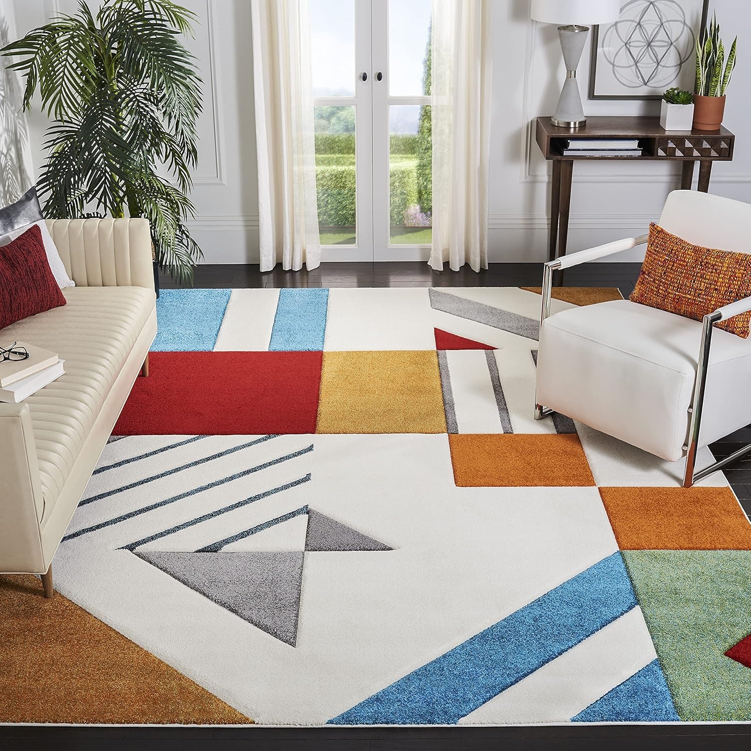 image:imageSAFAVIEH Area Rug 8x10 Hollywood Collection Large Ivory amp Peacock Blue MidCentury Modern Design NonShedding amp Easy Cleaning Ideal for Living Room Bedroom Office Dining Space HLW709BIvoryPeacock Blue