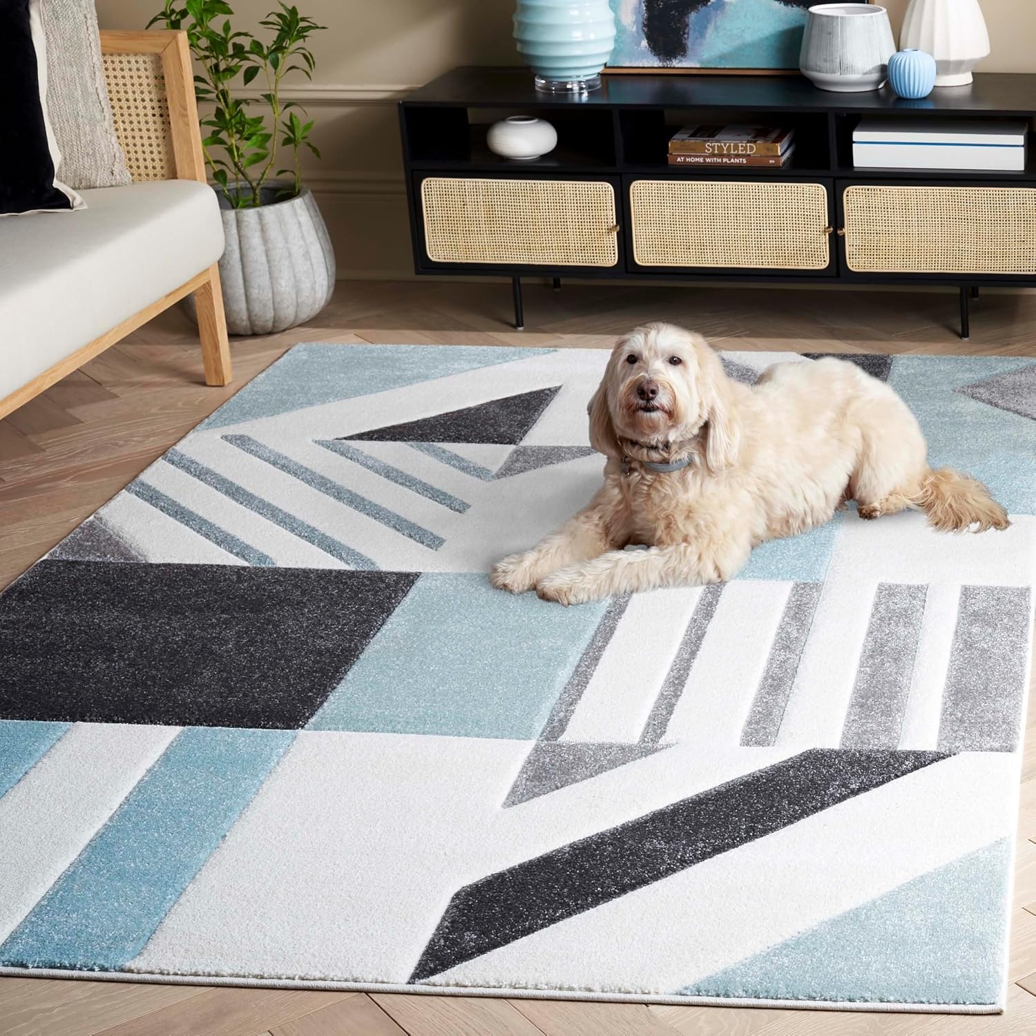image:imageSAFAVIEH Area Rug 8x10 Hollywood Collection Large Ivory amp Peacock Blue MidCentury Modern Design NonShedding amp Easy Cleaning Ideal for Living Room Bedroom Office Dining Space HLW709BIvoryAqua