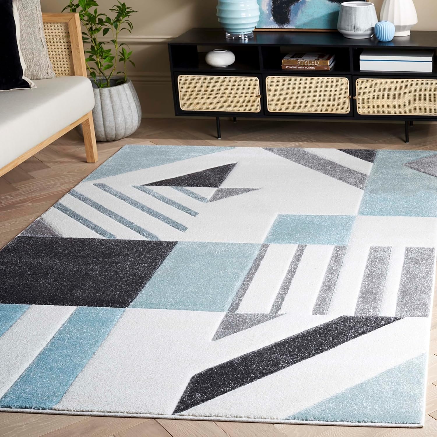 image:imageSAFAVIEH Area Rug 8x10 Hollywood Collection Large Ivory amp Peacock Blue MidCentury Modern Design NonShedding amp Easy Cleaning Ideal for Living Room Bedroom Office Dining Space HLW709BIvoryAqua