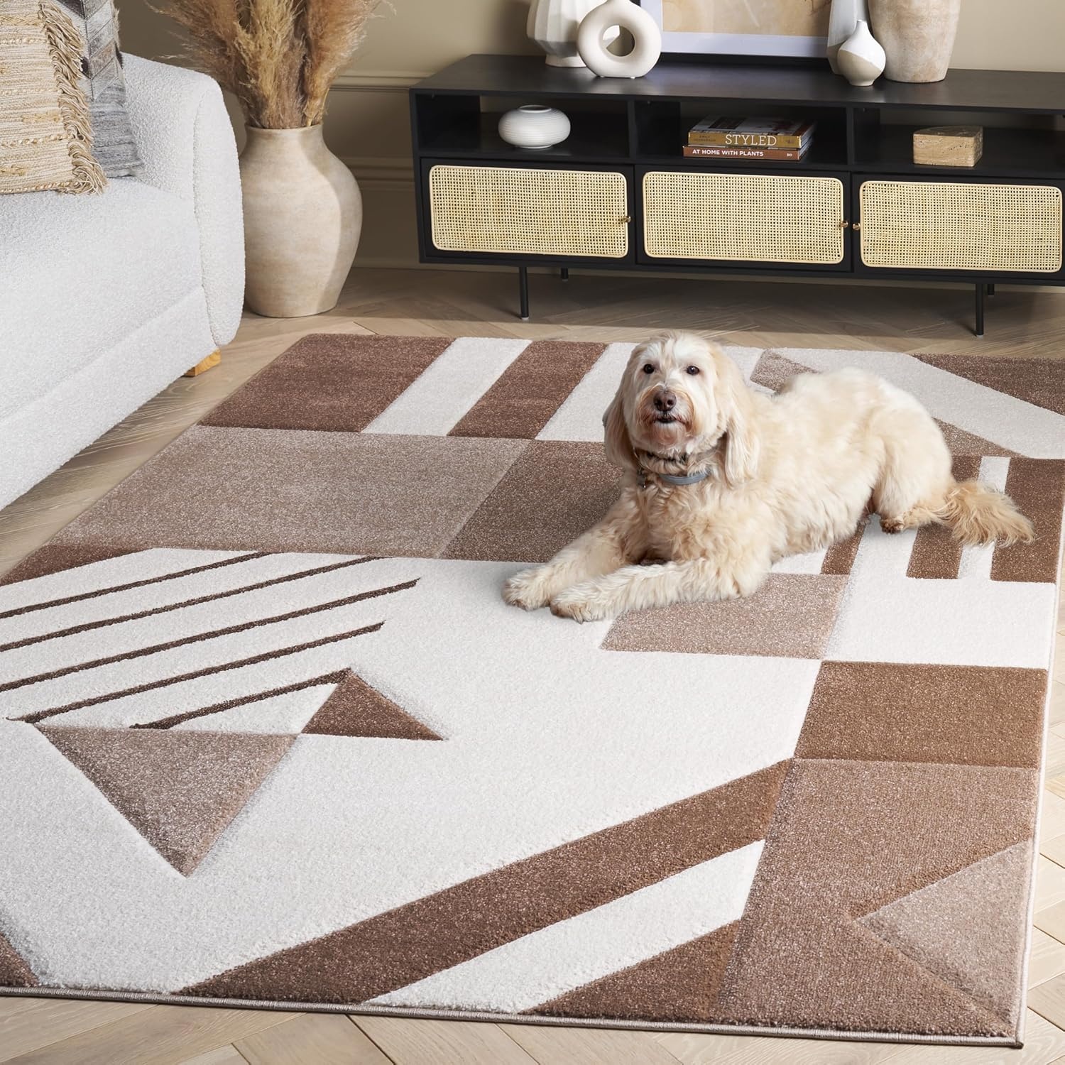 image:imageSAFAVIEH Area Rug 8x10 Hollywood Collection Large Ivory amp Peacock Blue MidCentury Modern Design NonShedding amp Easy Cleaning Ideal for Living Room Bedroom Office Dining Space HLW709BIvoryBrown