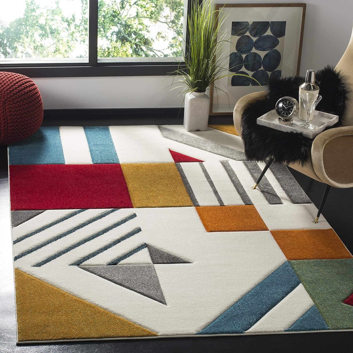 image:imageSAFAVIEH Area Rug 8x10 Hollywood Collection Large Ivory amp Peacock Blue MidCentury Modern Design NonShedding amp Easy Cleaning Ideal for Living Room Bedroom Office Dining Space HLW709BIvoryPeacock Blue