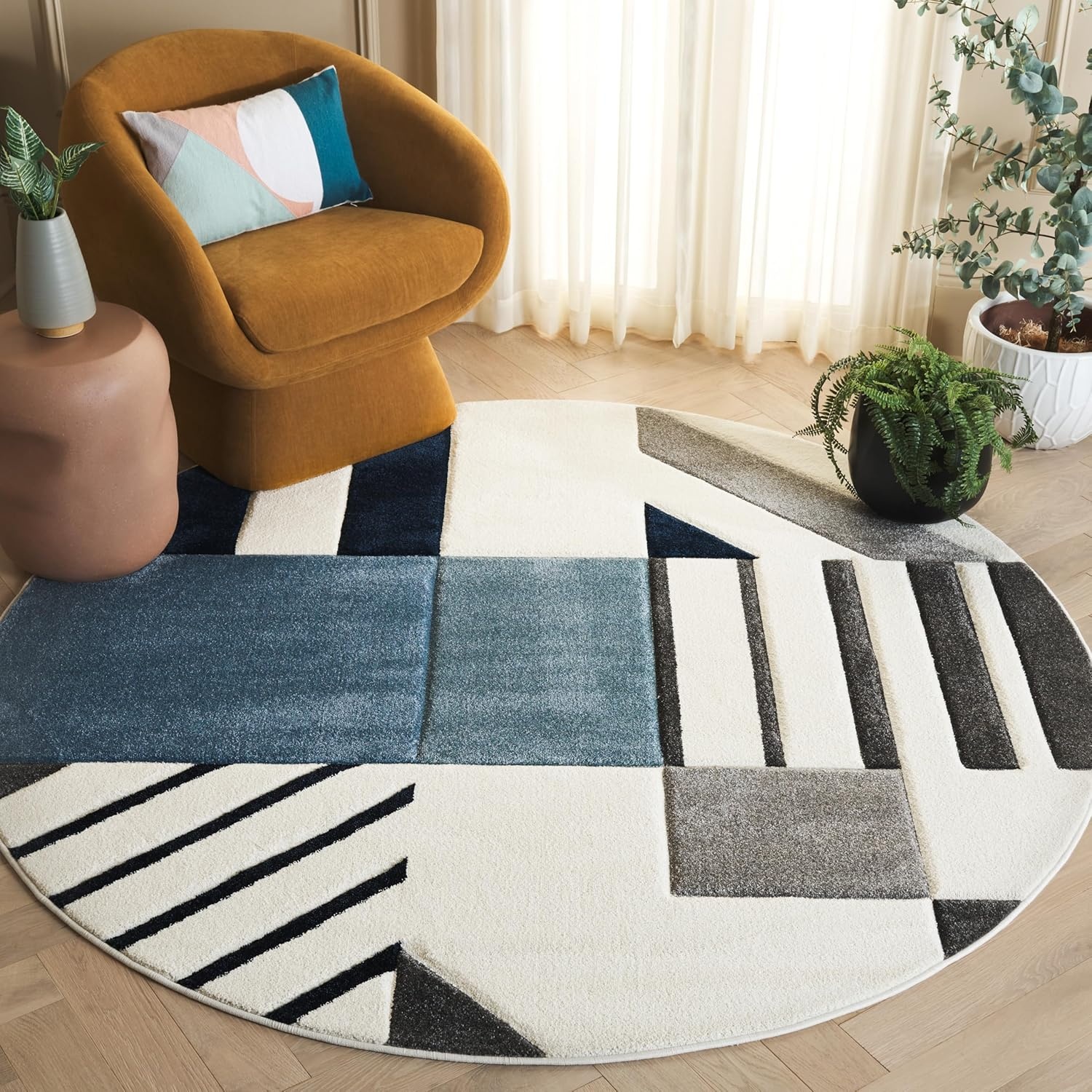 image:imageSAFAVIEH Area Rug 8x10 Hollywood Collection Large Ivory amp Peacock Blue MidCentury Modern Design NonShedding amp Easy Cleaning Ideal for Living Room Bedroom Office Dining Space HLW709BIvoryBlue