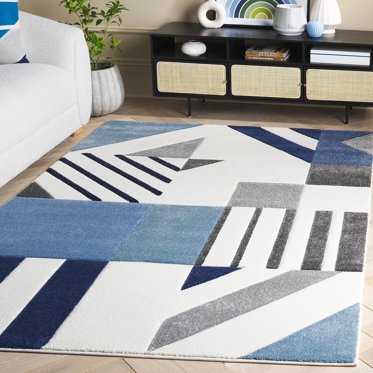 image:imageSAFAVIEH Area Rug 8x10 Hollywood Collection Large Ivory amp Peacock Blue MidCentury Modern Design NonShedding amp Easy Cleaning Ideal for Living Room Bedroom Office Dining Space HLW709BIvoryBlue