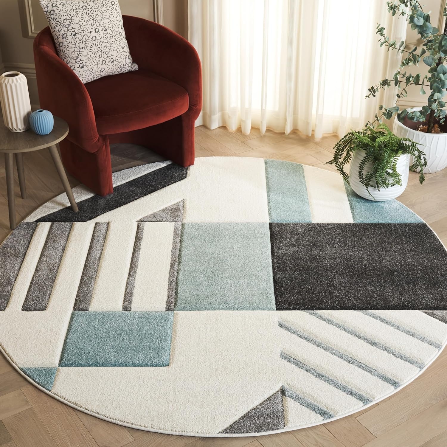 image:imageSAFAVIEH Area Rug 8x10 Hollywood Collection Large Ivory amp Peacock Blue MidCentury Modern Design NonShedding amp Easy Cleaning Ideal for Living Room Bedroom Office Dining Space HLW709BIvoryAqua