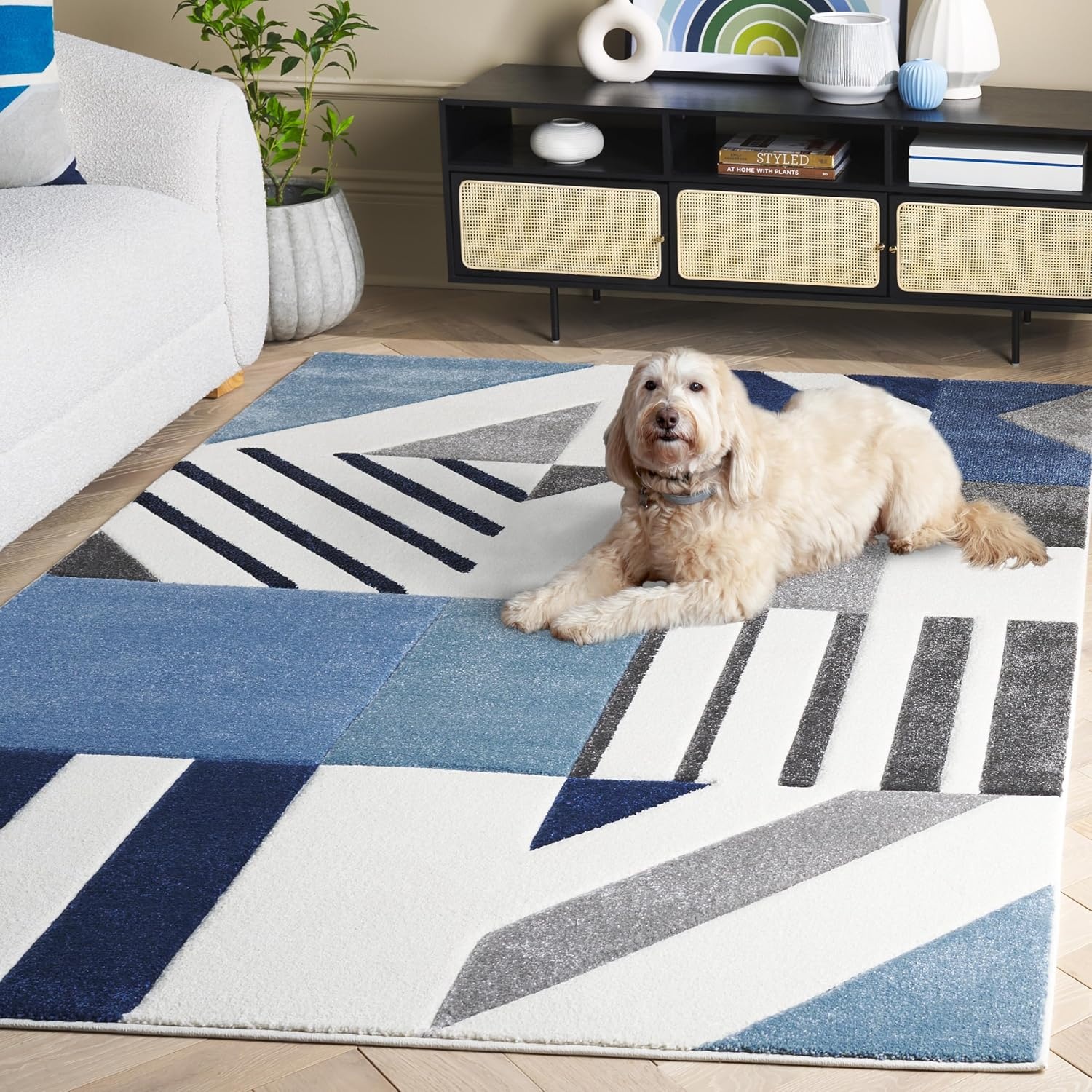 image:imageSAFAVIEH Area Rug 8x10 Hollywood Collection Large Ivory amp Peacock Blue MidCentury Modern Design NonShedding amp Easy Cleaning Ideal for Living Room Bedroom Office Dining Space HLW709BIvoryBlue