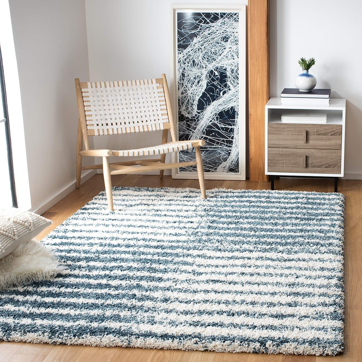image:imageSAFAVIEH Area Rug 8x10 Hudson Shag Collection Large Navy amp Ivory Modern Design NonShedding amp Easy Cleaning Ultra Plush Thick Pile Ideal for Living Room Bedroom Dining Space SGH298NIvorySteel Blue
