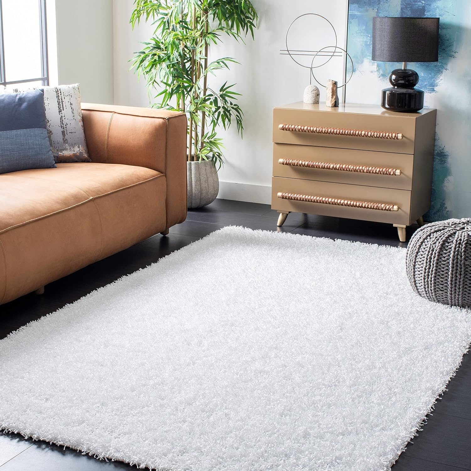 image:imageSAFAVIEH Area Rug 8x10 Monterey Shag Collection Large Creme Handmade Plush Thick Pile Ideal for Living Room Bedroom Dining Space SG851CWhite