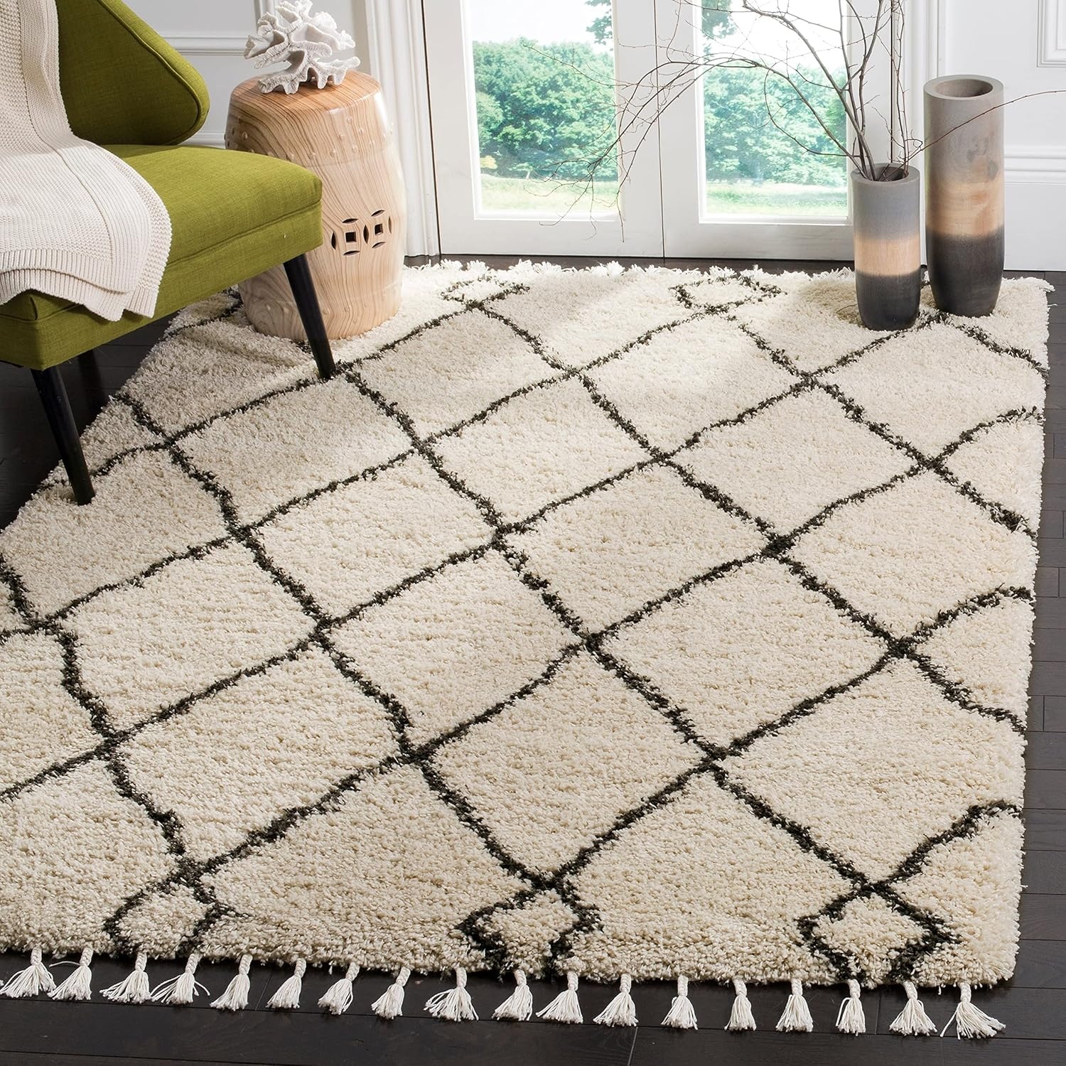 image:imageSAFAVIEH Area Rug 8x10 Moroccan Fringe Shag Collection Large Cream amp Charcoal Boho Design NonShedding amp Easy Cleaning Plush Thick Pile Ideal for Living Room Bedroom Dining Space MFG241BGreyCream