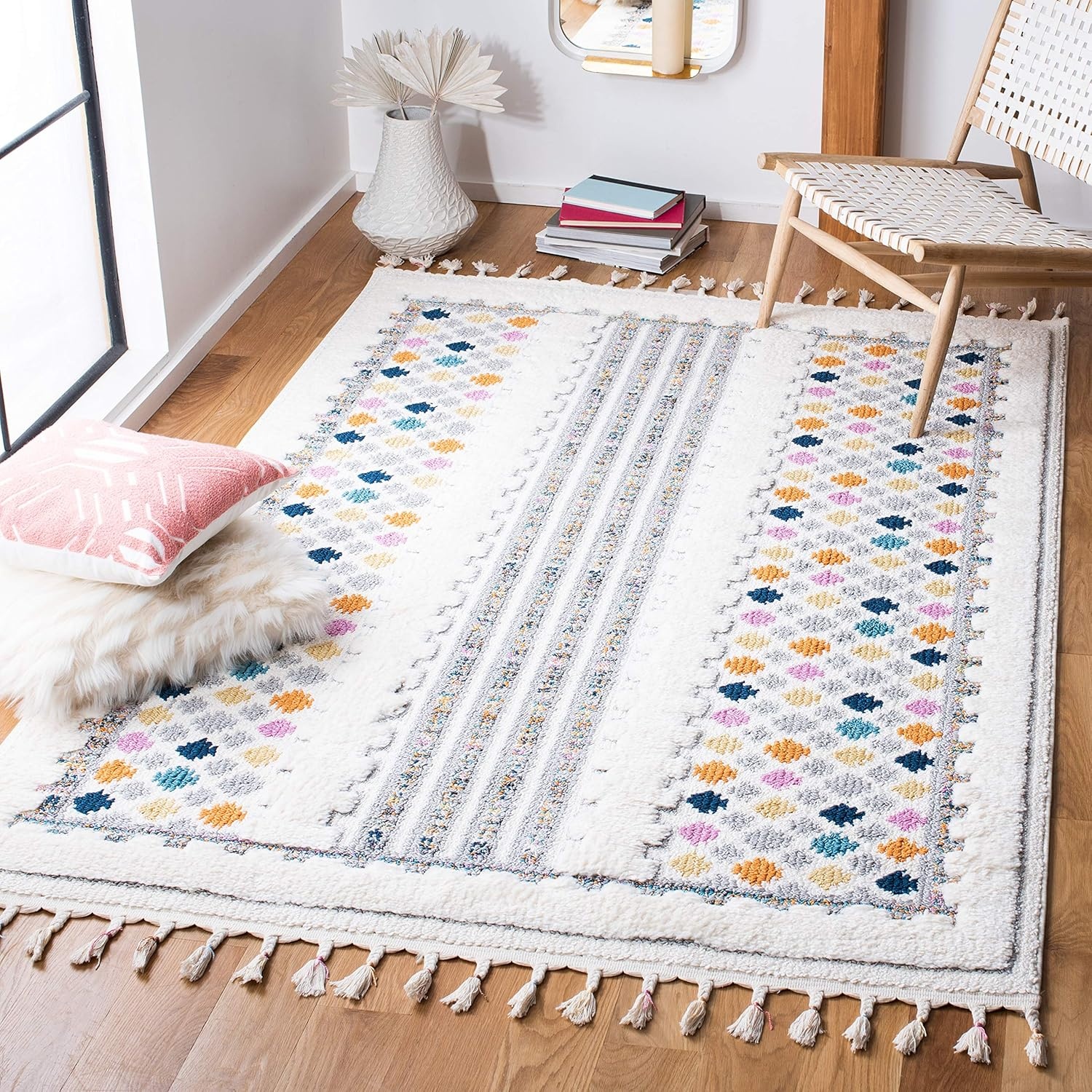 image:imageSAFAVIEH Area Rug 8x10 Moroccan Fringe Shag Collection Large Ivory amp Grey Boho Design NonShedding amp Easy Cleaning Plush Thick Pile Ideal for Living Room Bedroom Dining Space MFG102AIvoryGrey