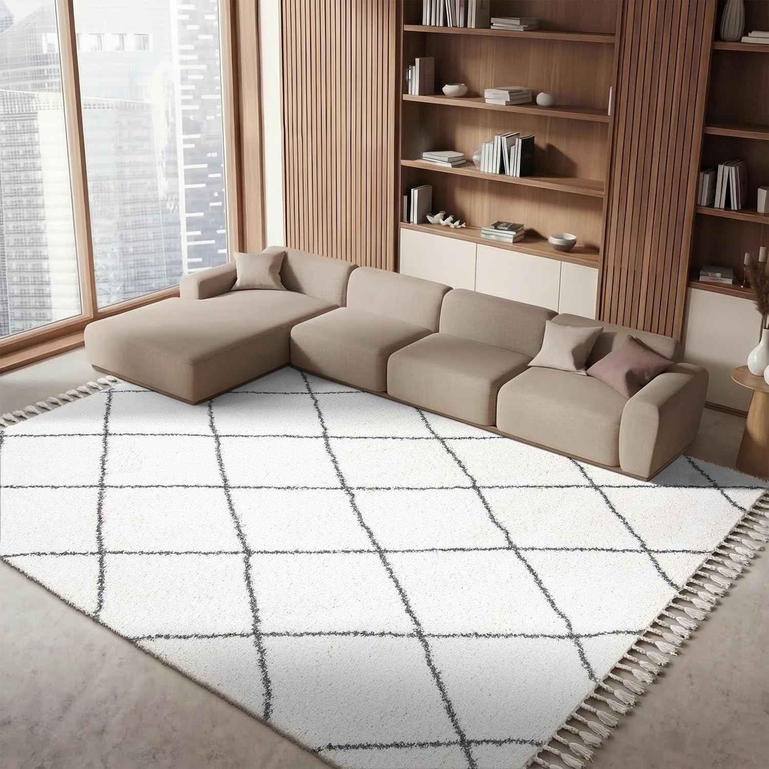 image:imageSAFAVIEH Area Rug 8x10 Moroccan Fringe Shag Collection Large Ivory amp Grey Boho Design NonShedding amp Easy Cleaning Plush Thick Pile Ideal for Living Room Bedroom Dining Space MFG332AIvoryGrey