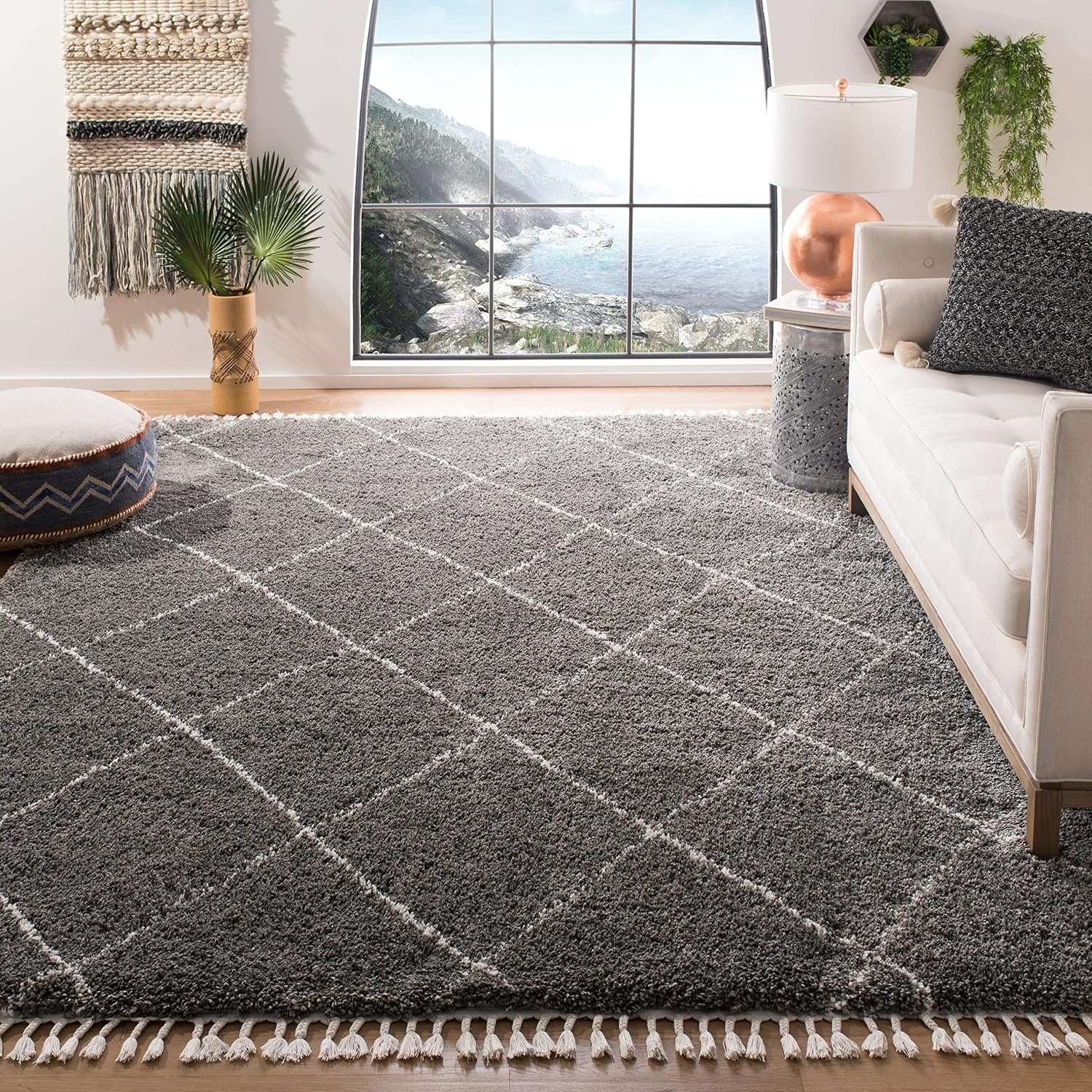 image:imageSAFAVIEH Area Rug 8x10 Moroccan Fringe Shag Collection Large Ivory amp Grey Boho Design NonShedding amp Easy Cleaning Plush Thick Pile Ideal for Living Room Bedroom Dining Space MFG332AGreyIvory