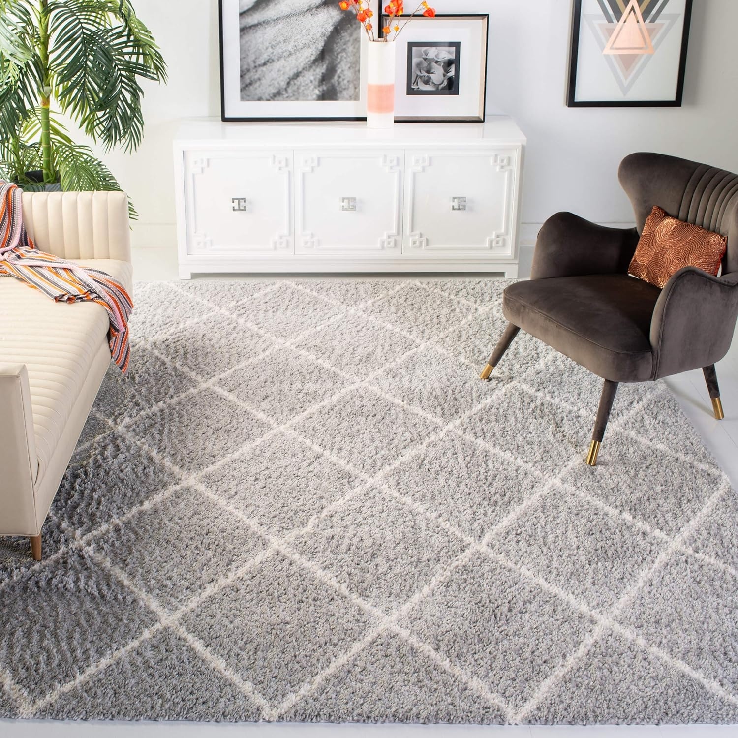 image:imageSAFAVIEH Area Rug 8x10 Parma Shag Collection Large Cream amp Grey Trellis Pattern NonShedding amp Easy Cleaning Ultra Plush Thick Pile Ideal for Living Room Bedroom Dining Space PMA515AGreyCream