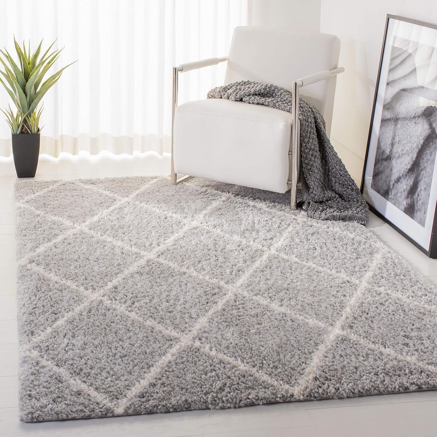 image:imageSAFAVIEH Area Rug 8x10 Parma Shag Collection Large Cream amp Grey Trellis Pattern NonShedding amp Easy Cleaning Ultra Plush Thick Pile Ideal for Living Room Bedroom Dining Space PMA515AGreyCream