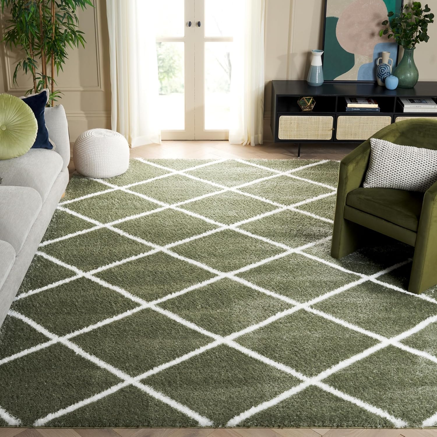image:imageSAFAVIEH Area Rug 8x10 Tahoe Shag Collection Large Black amp White Trellis Pattern NonShedding amp Easy Cleaning Plush Thick Pile Ideal for Living Room Bedroom Dining Space THO676ZSageWhite