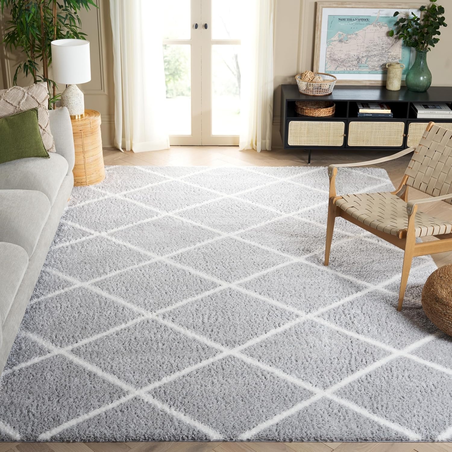 image:imageSAFAVIEH Area Rug 8x10 Tahoe Shag Collection Large Black amp White Trellis Pattern NonShedding amp Easy Cleaning Plush Thick Pile Ideal for Living Room Bedroom Dining Space THO676ZLight GreyWhite