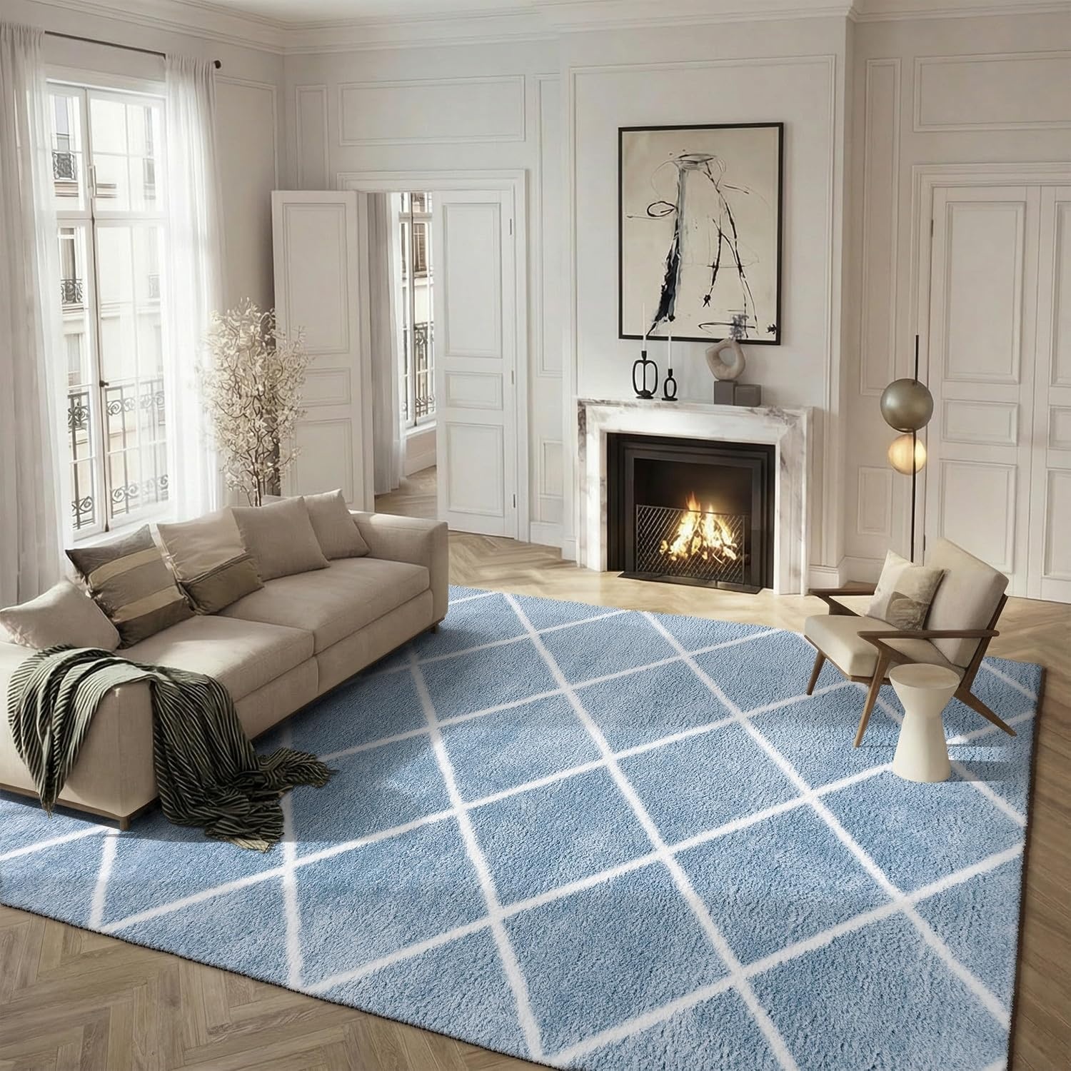 image:imageSAFAVIEH Area Rug 8x10 Tahoe Shag Collection Large Black amp White Trellis Pattern NonShedding amp Easy Cleaning Plush Thick Pile Ideal for Living Room Bedroom Dining Space THO676ZBlueWhite