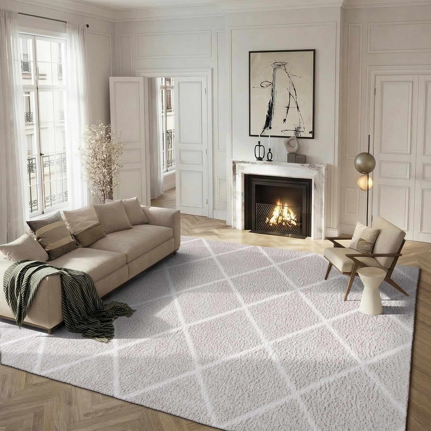 image:imageSAFAVIEH Area Rug 8x10 Tahoe Shag Collection Large Black amp White Trellis Pattern NonShedding amp Easy Cleaning Plush Thick Pile Ideal for Living Room Bedroom Dining Space THO676ZSilverWhite