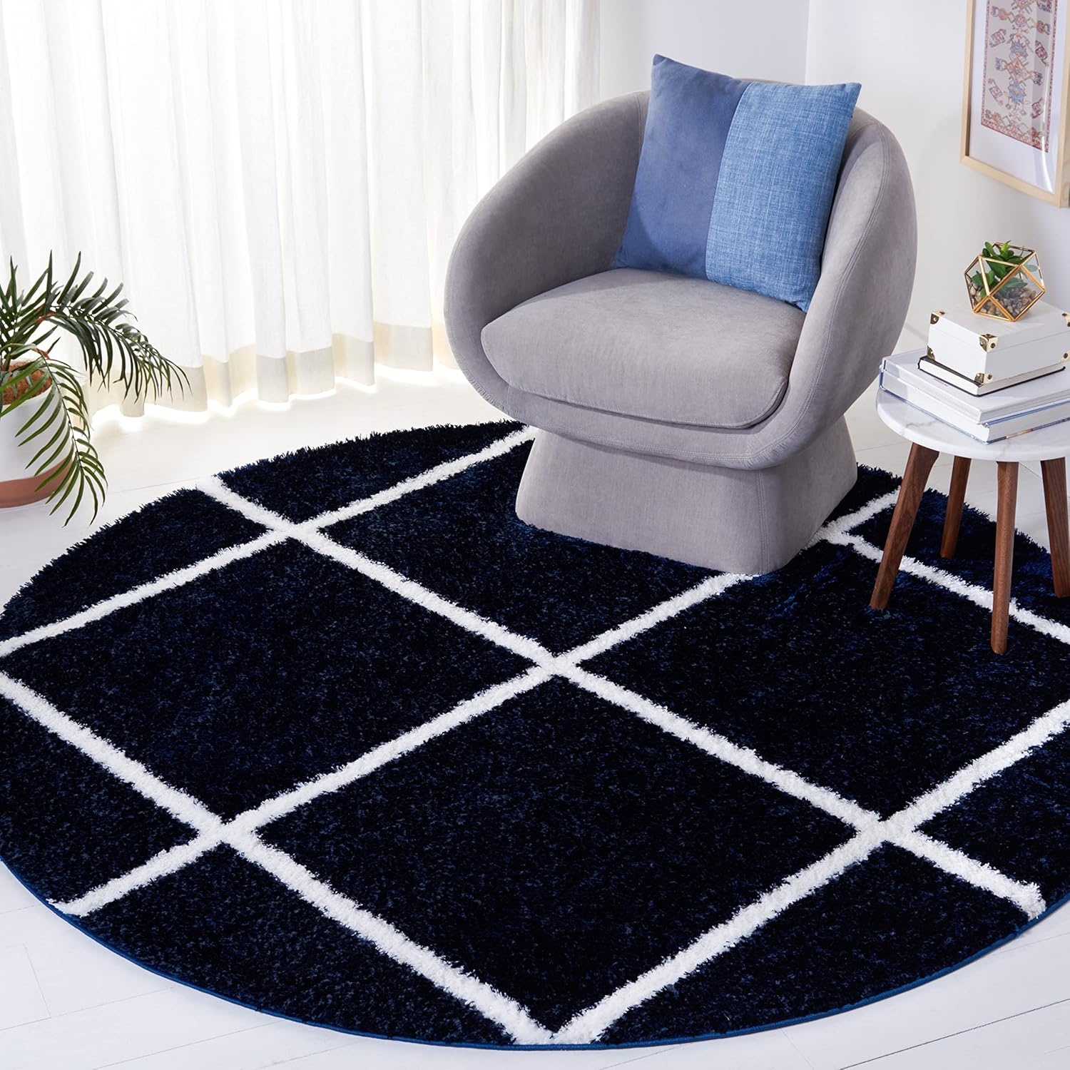image:imageSAFAVIEH Area Rug 8x10 Tahoe Shag Collection Large Black amp White Trellis Pattern NonShedding amp Easy Cleaning Plush Thick Pile Ideal for Living Room Bedroom Dining Space THO676ZNavyWhite
