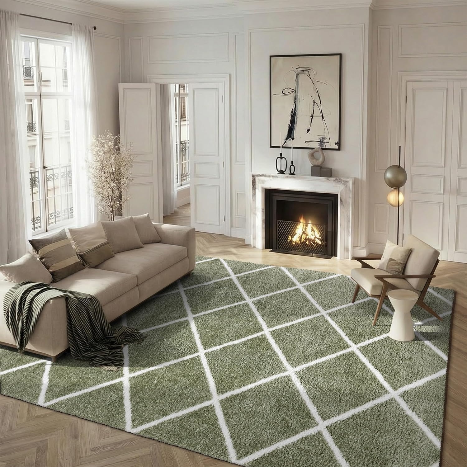 image:imageSAFAVIEH Area Rug 8x10 Tahoe Shag Collection Large Black amp White Trellis Pattern NonShedding amp Easy Cleaning Plush Thick Pile Ideal for Living Room Bedroom Dining Space THO676ZSageWhite