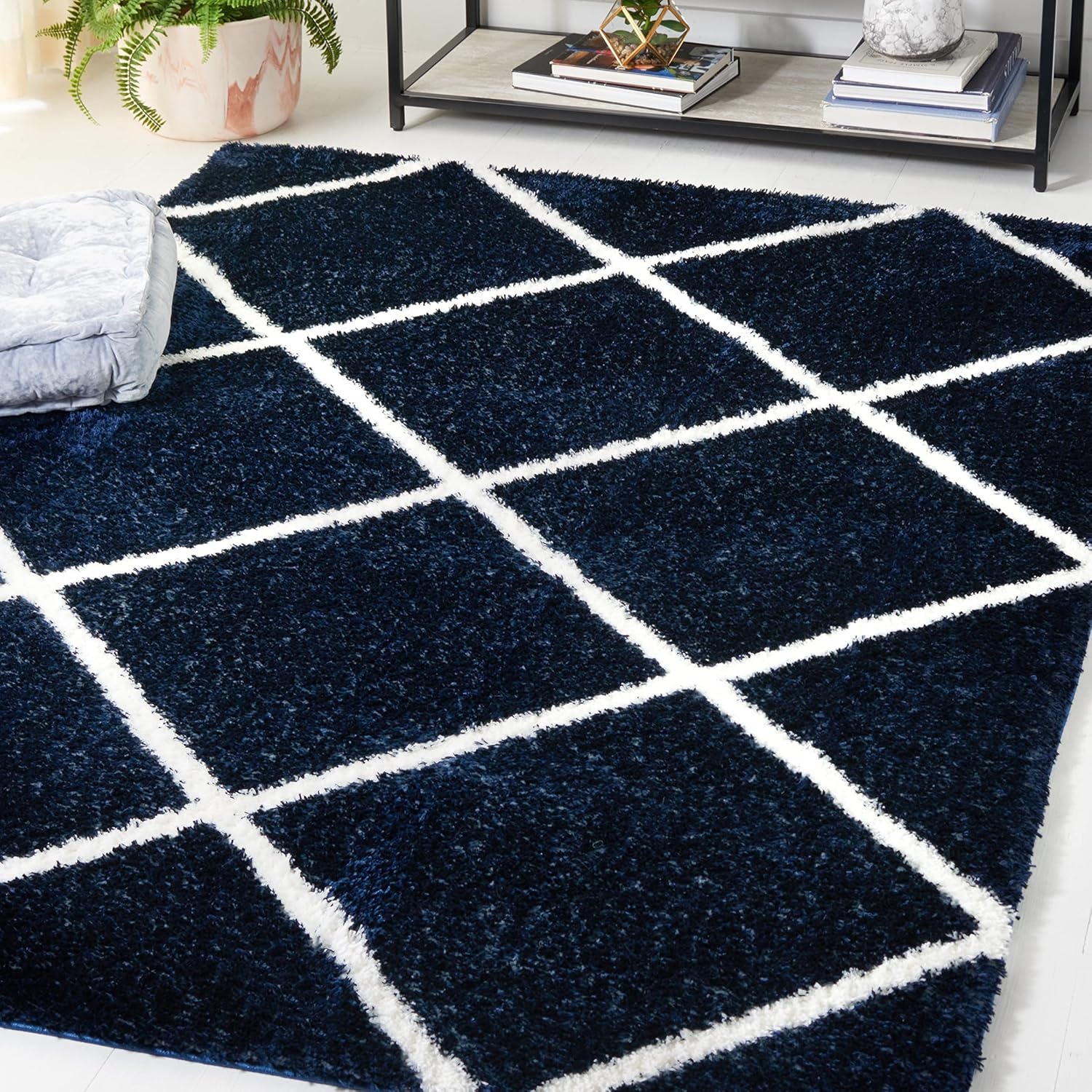 image:imageSAFAVIEH Area Rug 8x10 Tahoe Shag Collection Large Black amp White Trellis Pattern NonShedding amp Easy Cleaning Plush Thick Pile Ideal for Living Room Bedroom Dining Space THO676ZNavyWhite