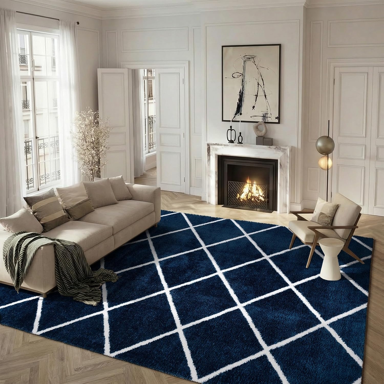 image:imageSAFAVIEH Area Rug 8x10 Tahoe Shag Collection Large Black amp White Trellis Pattern NonShedding amp Easy Cleaning Plush Thick Pile Ideal for Living Room Bedroom Dining Space THO676ZNavyWhite