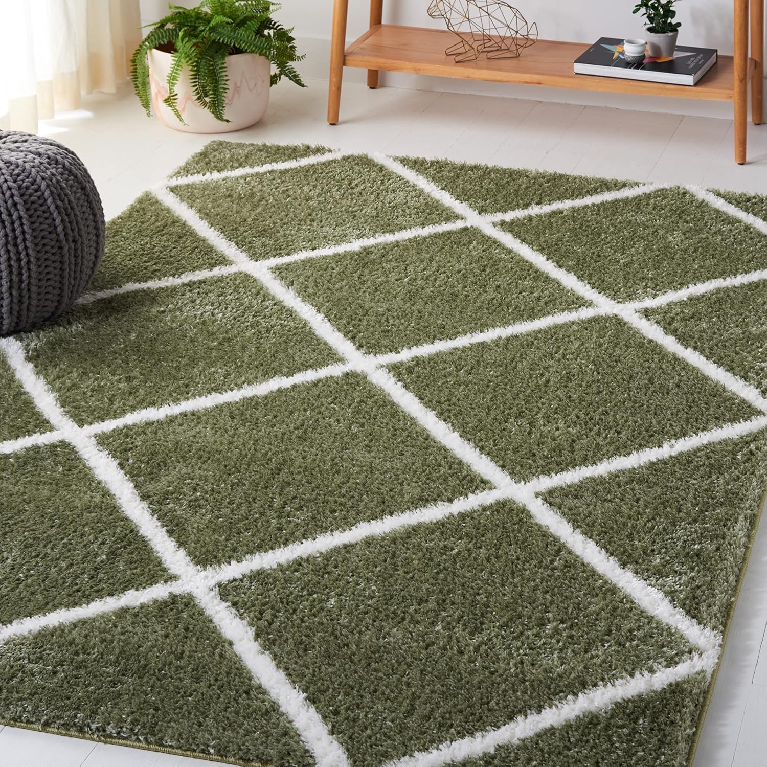 image:imageSAFAVIEH Area Rug 8x10 Tahoe Shag Collection Large Black amp White Trellis Pattern NonShedding amp Easy Cleaning Plush Thick Pile Ideal for Living Room Bedroom Dining Space THO676ZSageWhite