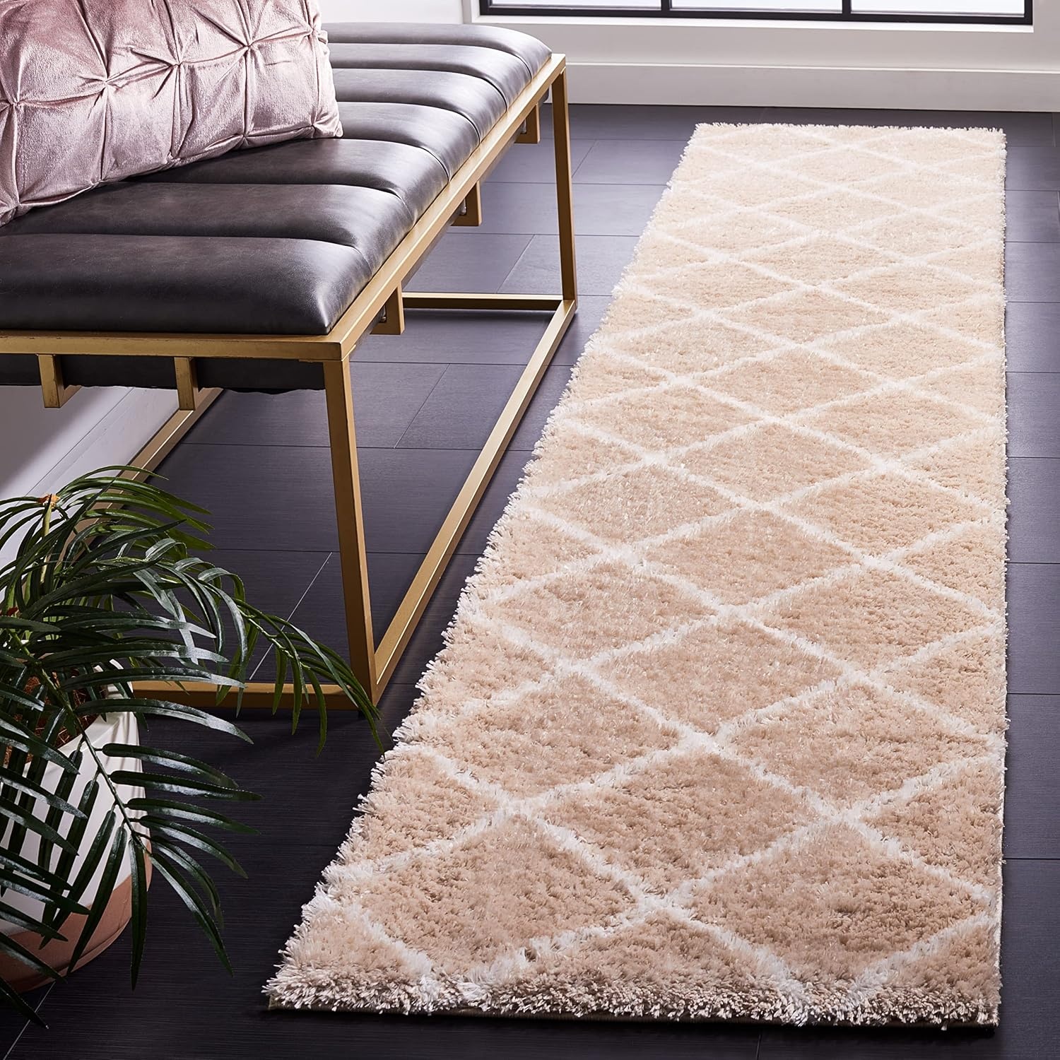 image:imageSAFAVIEH Area Rug 8x10 Tahoe Shag Collection Large Black amp White Trellis Pattern NonShedding amp Easy Cleaning Plush Thick Pile Ideal for Living Room Bedroom Dining Space THO676ZBeigeWhite