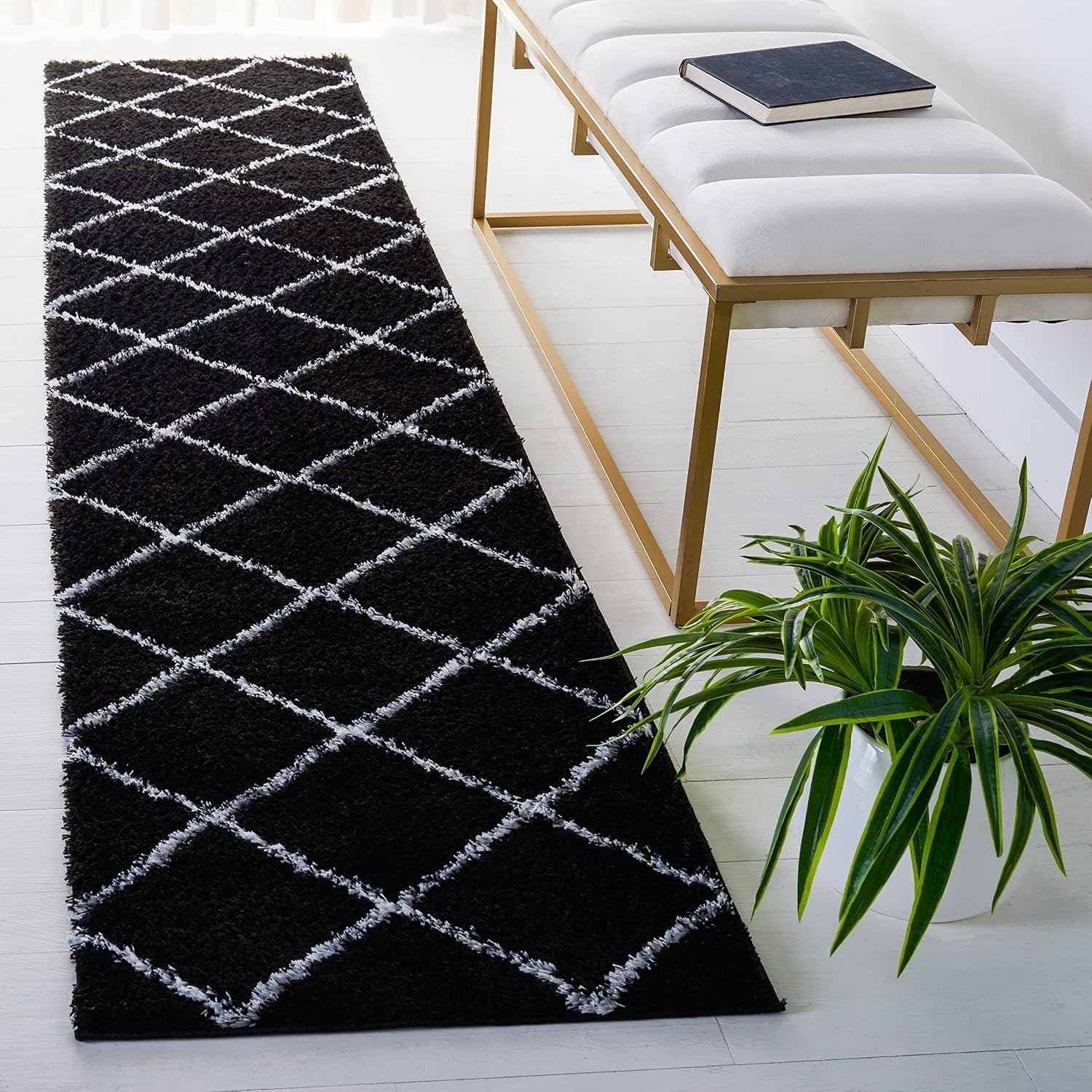image:imageSAFAVIEH Area Rug 8x10 Tahoe Shag Collection Large Black amp White Trellis Pattern NonShedding amp Easy Cleaning Plush Thick Pile Ideal for Living Room Bedroom Dining Space THO676ZBlackWhite