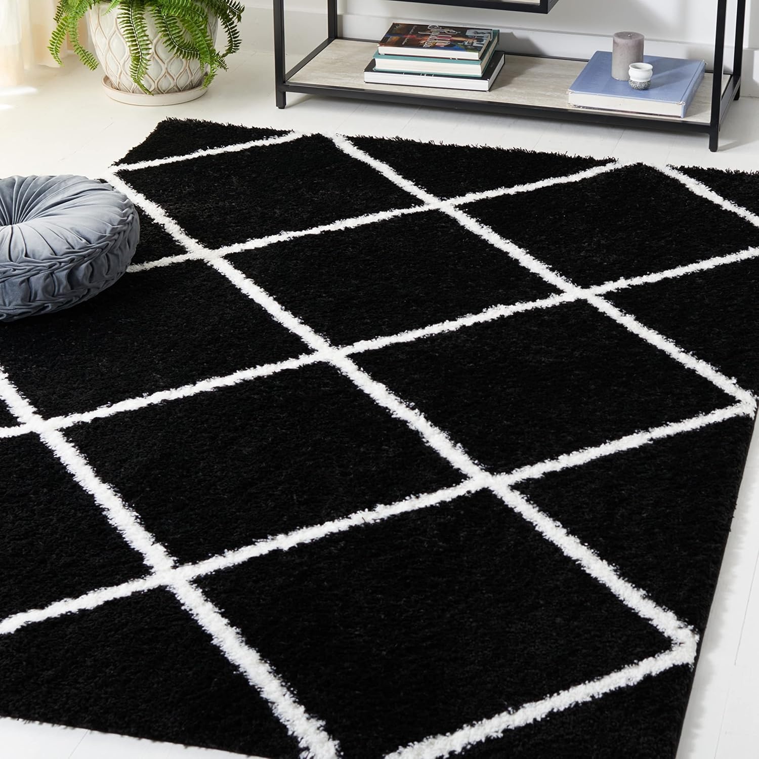 image:imageSAFAVIEH Area Rug 8x10 Tahoe Shag Collection Large Black amp White Trellis Pattern NonShedding amp Easy Cleaning Plush Thick Pile Ideal for Living Room Bedroom Dining Space THO676ZBlackWhite
