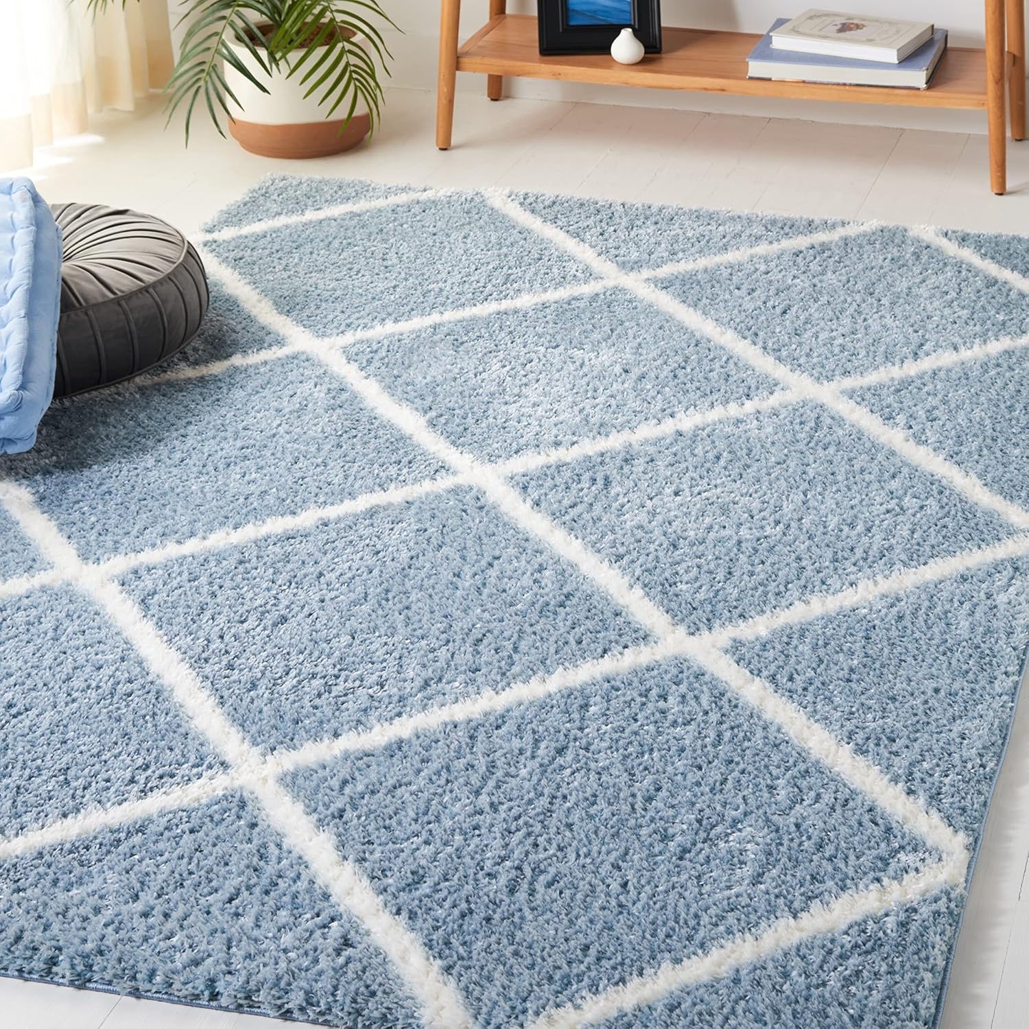 image:imageSAFAVIEH Area Rug 8x10 Tahoe Shag Collection Large Black amp White Trellis Pattern NonShedding amp Easy Cleaning Plush Thick Pile Ideal for Living Room Bedroom Dining Space THO676ZBlueWhite